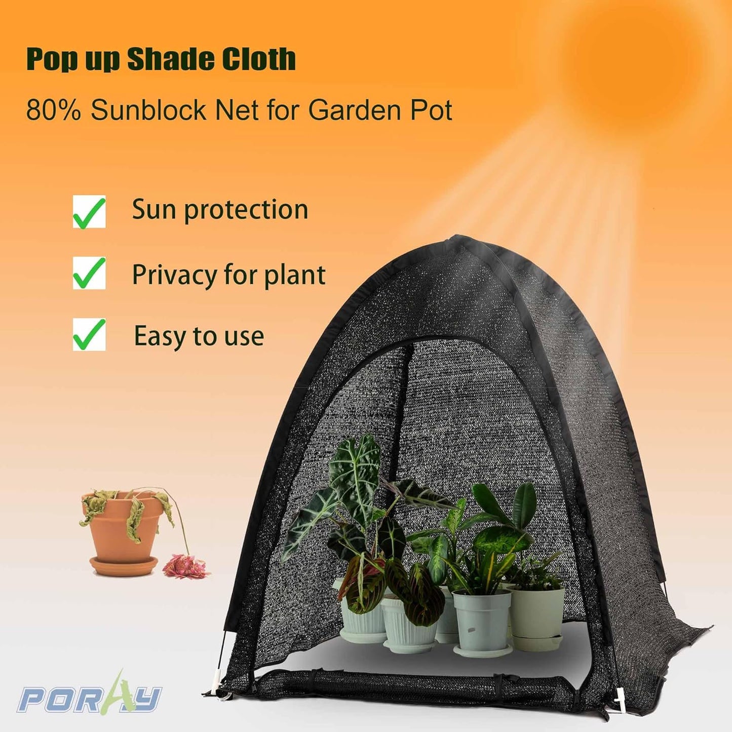 Porayhut Pop up Sunshade Cloth Pack of 2,Easy Open Crop Shade Net 36''*36''*39''UV Resisitant Plant 80% Sunblock Net for Mini Flower Pot with Stakes