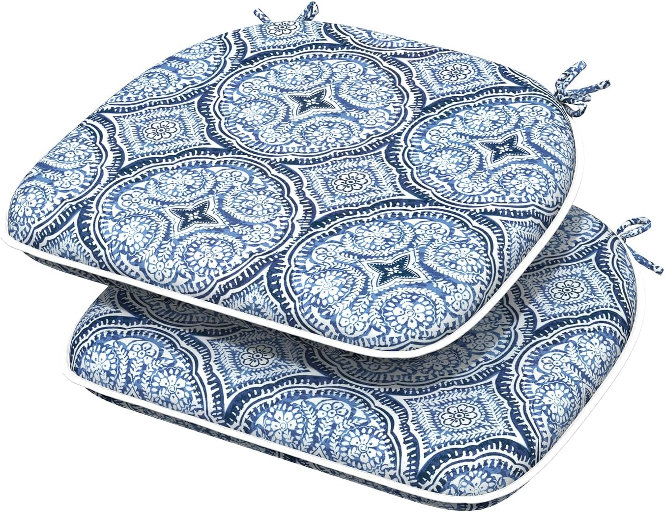 Indoor/Outdoor Chair Cushions 16x17 Inch, Patio Chair Cushions with Ties, All Weather Seat Cushions for Patio Furniture Home Garden Chair Use, Set of 2,Medallion Blue