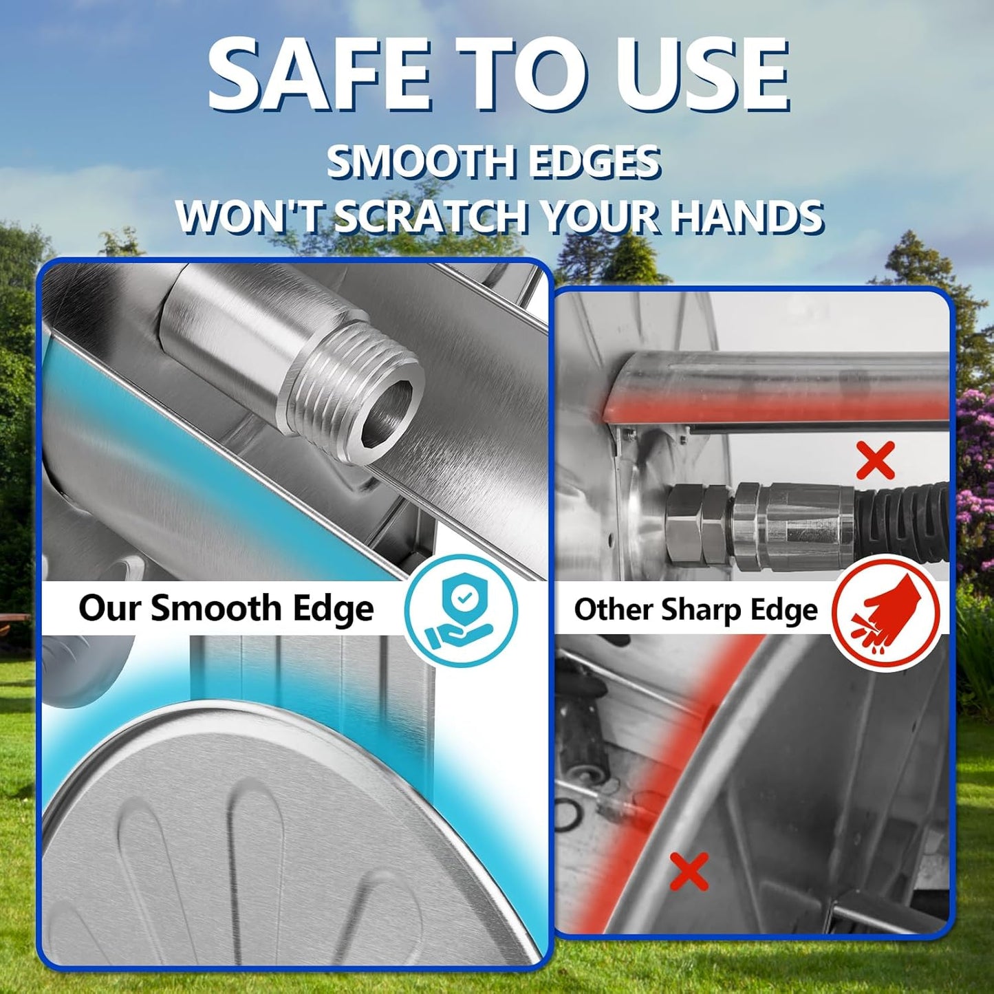 GREENER Stainless Steel Hose Reel for Outside,Wall Mount Garden Hose Holder Heavy Duty Metal Reel, 3/4" Solid Connector with 5/8" Inlet Hose and Crank,100-Feet 5/8" Hose Capacity