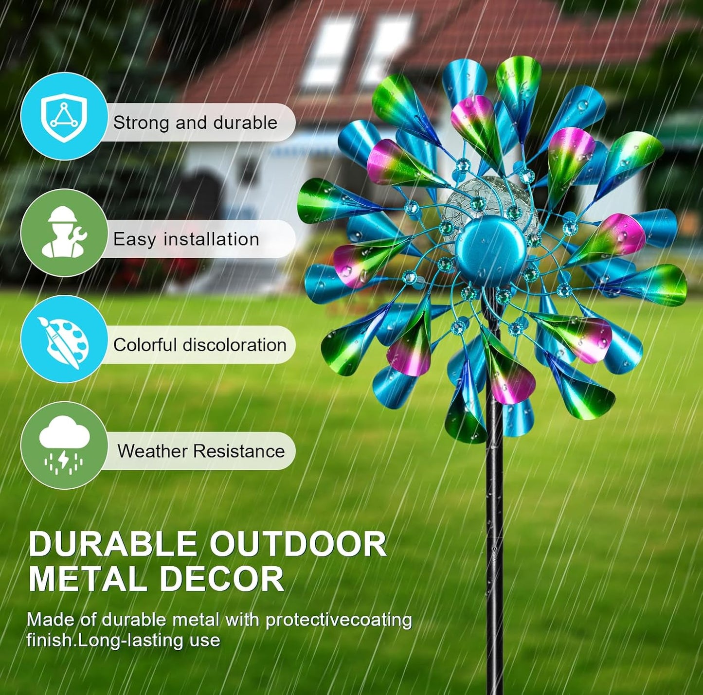 60'' Wind Spinner with Color Glass Ball Solar Lights, Green Peacock Feathers Metal Garden Outdoor Decor Yard Lawn Art Decor for Patio Kinetic Windmills Unique Gifts for Friends and Family