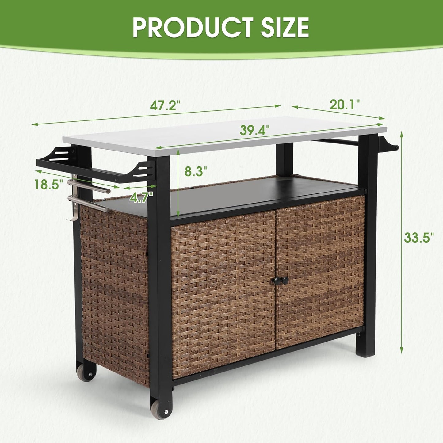 HOMEFUN Kitchen Island Cart Wicker Grill Prep Station & Stainless Steel Outdoor Serving Bar Table with Hooks Wheels Poolside Patio Grassland (Large)