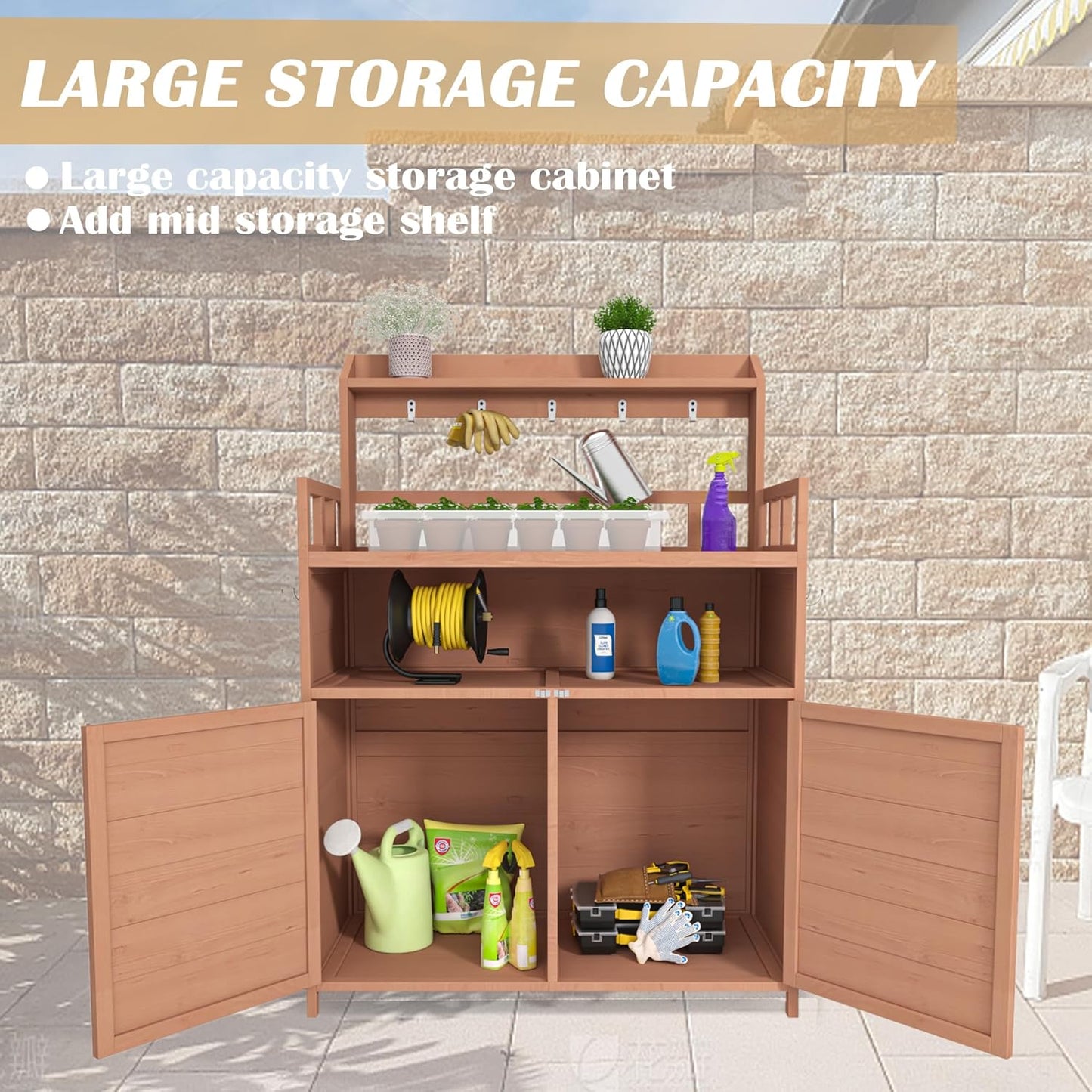 Outdoor Brown Wood Potting Bench - Spacious Gardening Table with Storage Cabinet & Top Shelf - Ideal for Planting and Organizing Your Garden!