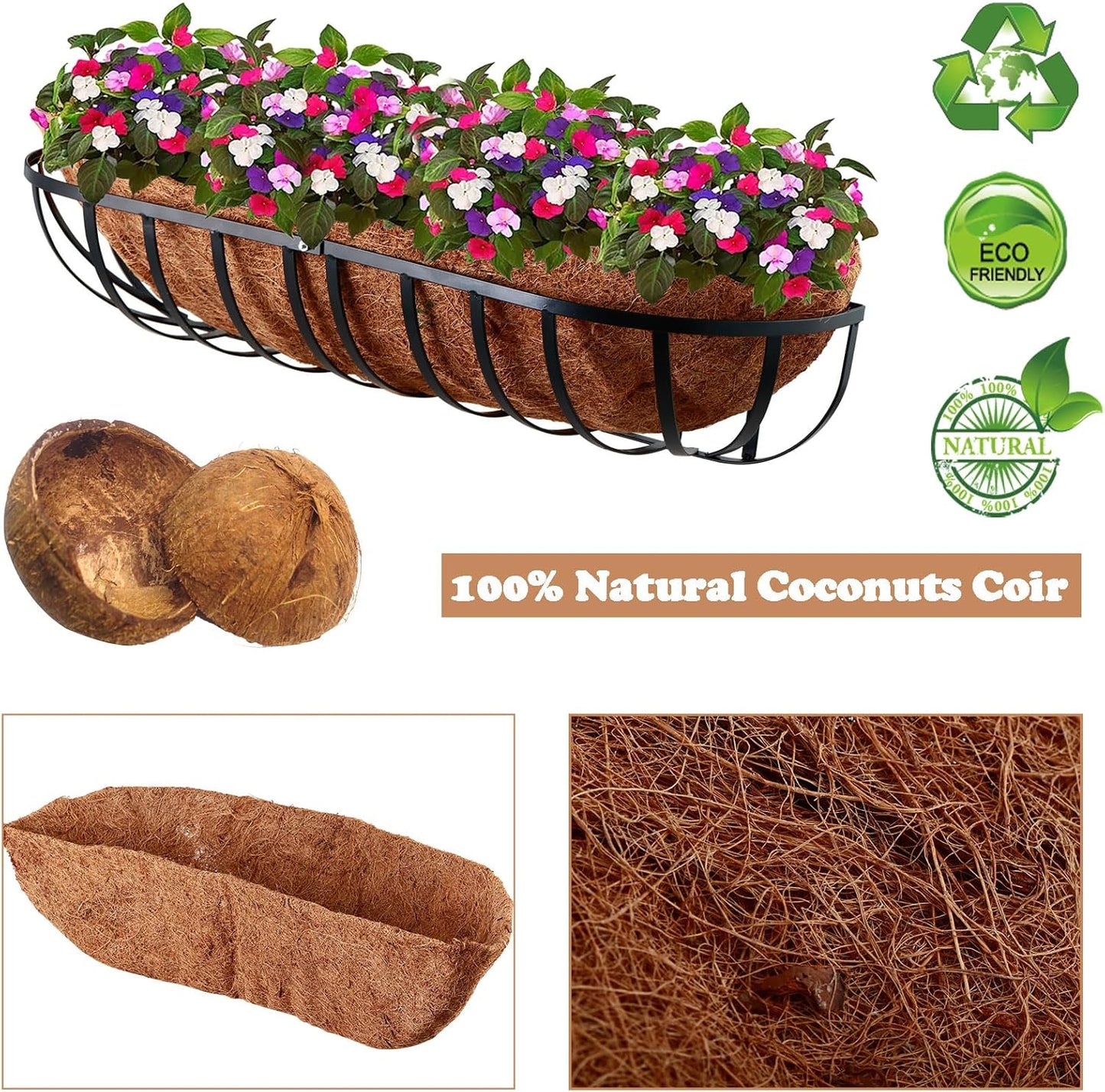 3 Pack Trough Coco Liner 24/30/36 Inch Hanging Basket Liners 100% Natural Coconut Husk Liners for Planters Window Box Planter Inserts for Large Pots Trough Planters Outdoor Garden Decoration