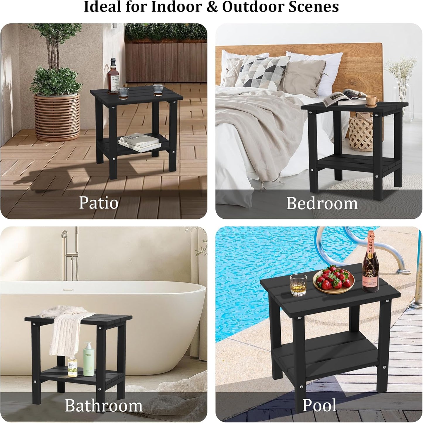 Weather Resistant Outdoor Side Table, Adirondack HDPE Small Outdoor Table, 2-Tier Small Patio Tables for Outside or Indoor, Black