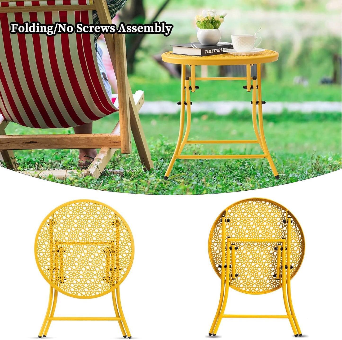 TeoKJ Folding Outdoor Side Tables, Anti Rust Small Patio Table Round Metal Nightstand with Flower Cutouts for Porch Yard Balcony Deck Lawn, Yellow