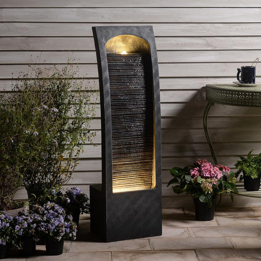 Indoor Water Fountain Curved Faux Slate Outdoor Waterfall Fountains Floor Standing Tiered Rock with LED Lights and Pump for Garden, Backyard, Deck, Patio, Porch and Home Art Decor