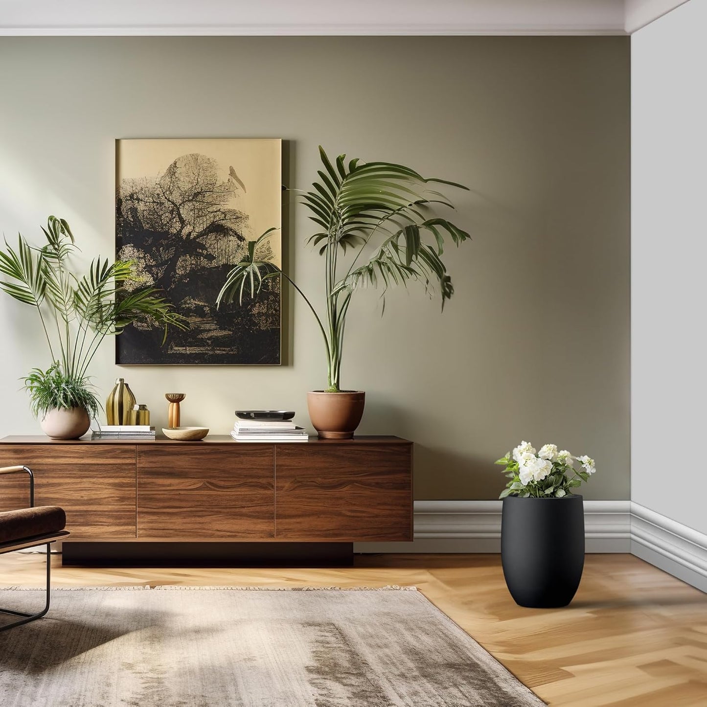 Kante 16.5 Inch Tall Concrete Planter, Large Indoor Outdoor Plant Pot with Drainage, Smooth Black Finish with Warm Brown Interior, Ideal for Porch, Home, Garden, Patio