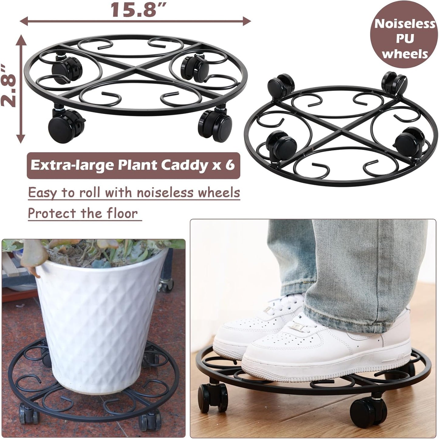 6-pack 15.8 inches Extra-large Metal Plant Caddy with Wheels Rolling Plant Stands Wheeled Plant Dolly Coasters Heavy-duty Pot Mover Roller Base Indoor Outdoor Garden Planter Trolley Cart, Black
