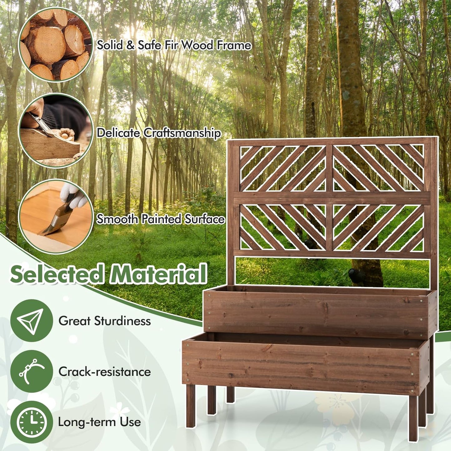 LDAILY Raised Garden Bed with Trellis & 2 Planter Boxes, 2-Tier Wooden Raised Bed with Bottom, Elevated Legs & 10 Drainage Holes, Gardening Planter Box for Flowers/Vegetables/Fruits in Backyard Patio