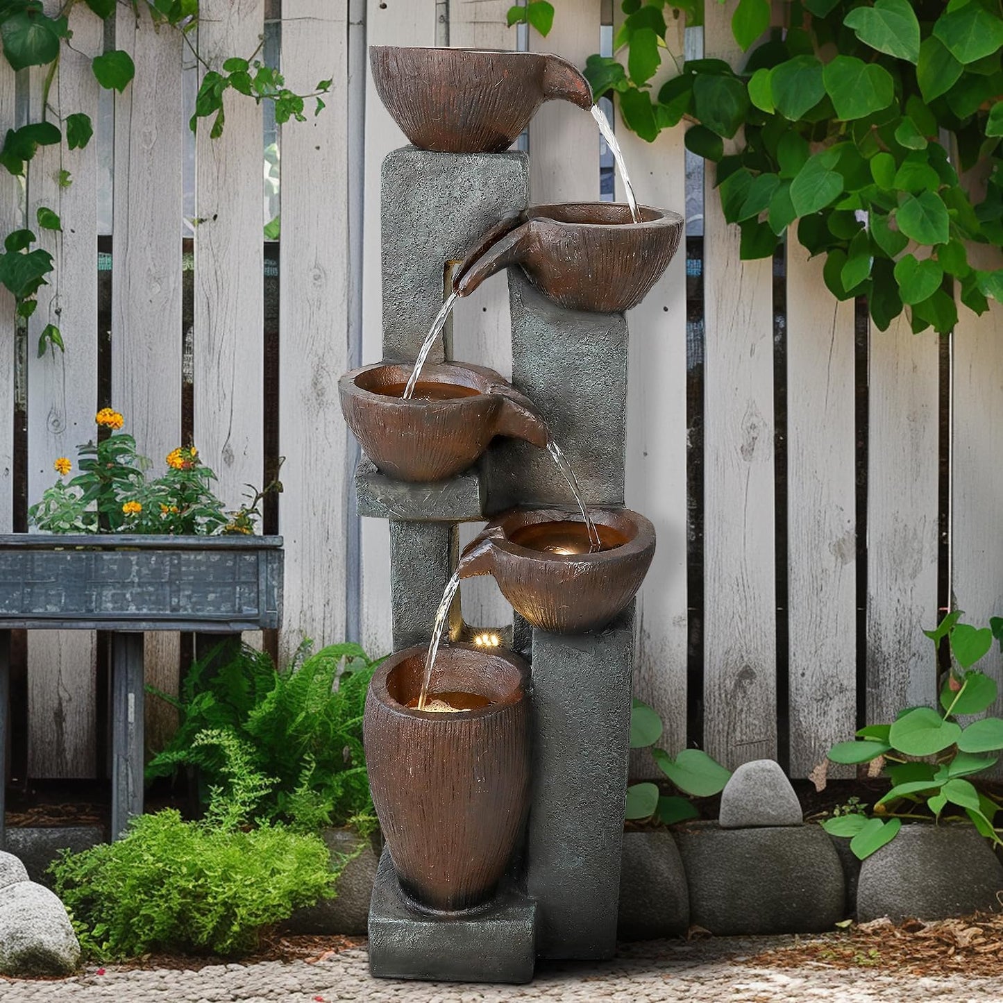 Naturefalls 39” H Modern Outdoor Fountain - 5 Crocks Outdoor Garden Fountains with Contemporary Design&LED Light for Garden, Patio, Deck, Porch, Backyard and Home Art Decor