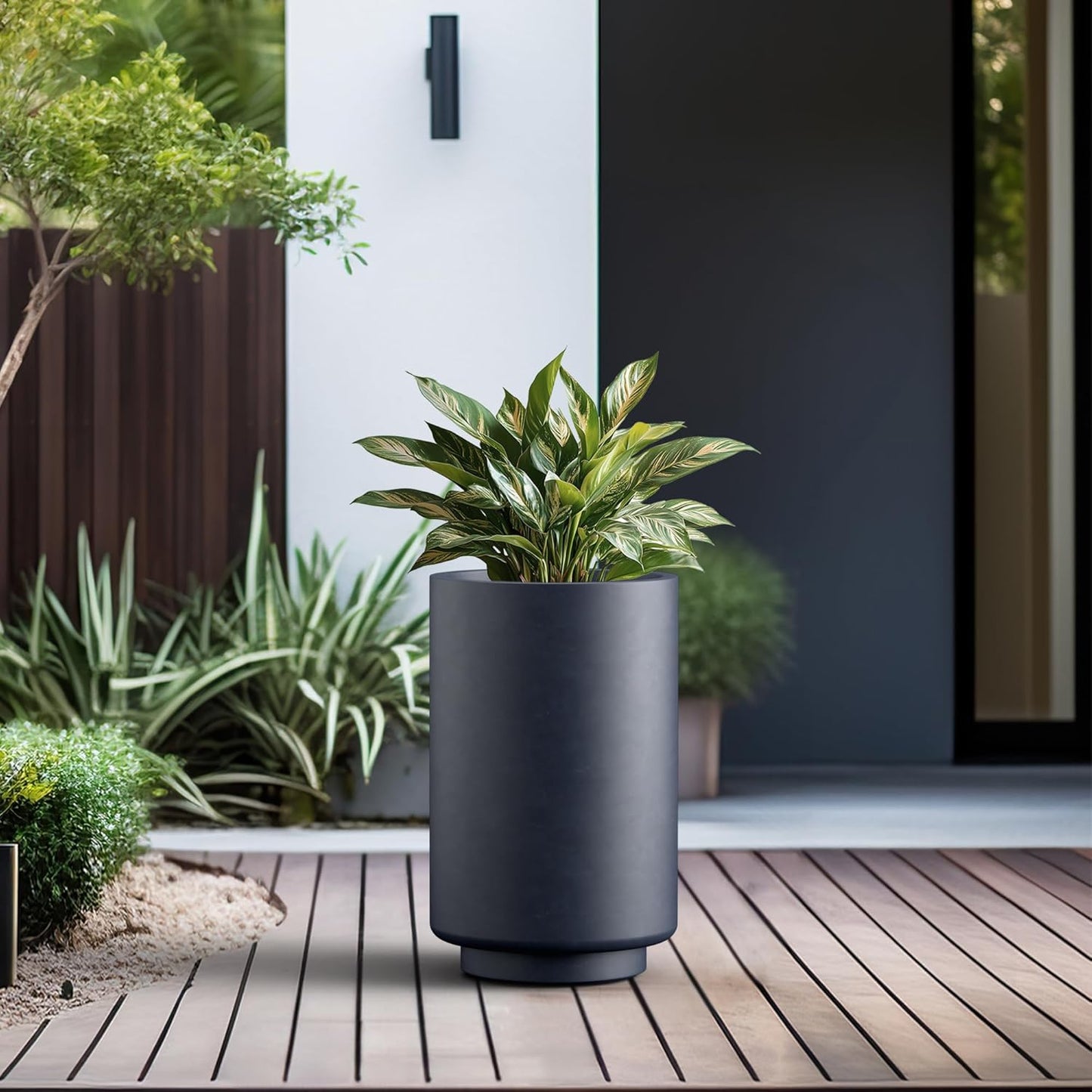 Kante 20.1 Inch Tall Concrete Planter, Round Pedestal Design Garden Pot for Indoor Outdoor Plants, Modern Garden Pot with Drainage Hole, Charcoal Finish with Warm Brown Interior