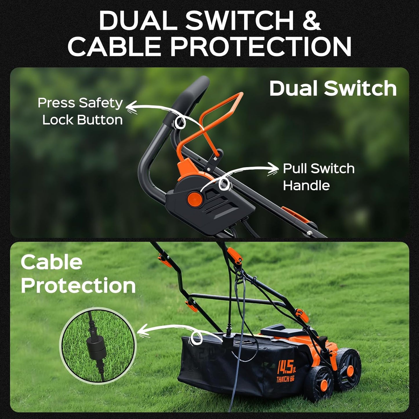 16-Inch 15.5 Amp 2-in-1 Electric Dethatcher and Scarifier with 14.5-Gallon Removable Thatch Collection Bag, Lawn Dethatcher with 5-Position Adjustment, Quick-Fold, Keeps Lawn Healthy - Orange