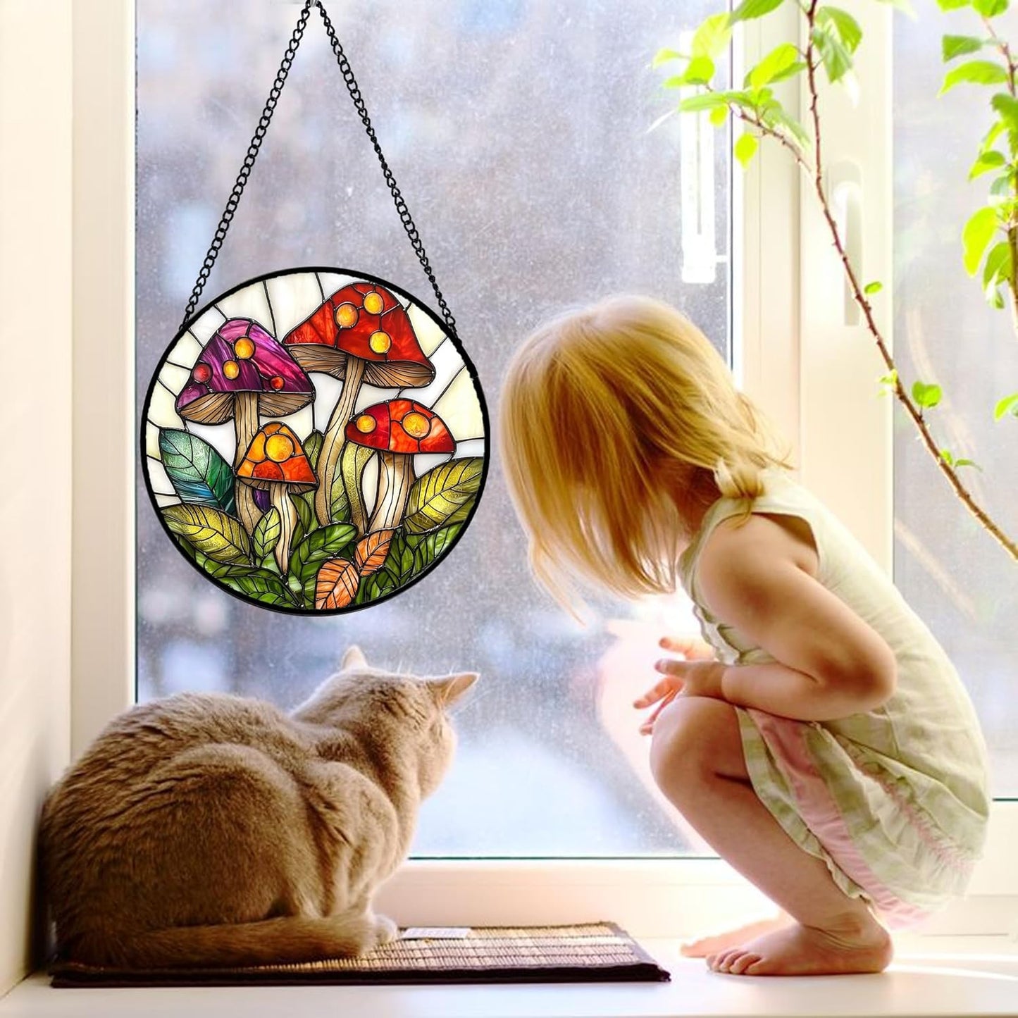 Stained Glass Window Hanging, Mushroom Leaves Suncatcher for Doors Home Sun Catchers Decoration and Christmas, Mother's Day Birthday Gifts for Women, Men, and Mom 9.8 in