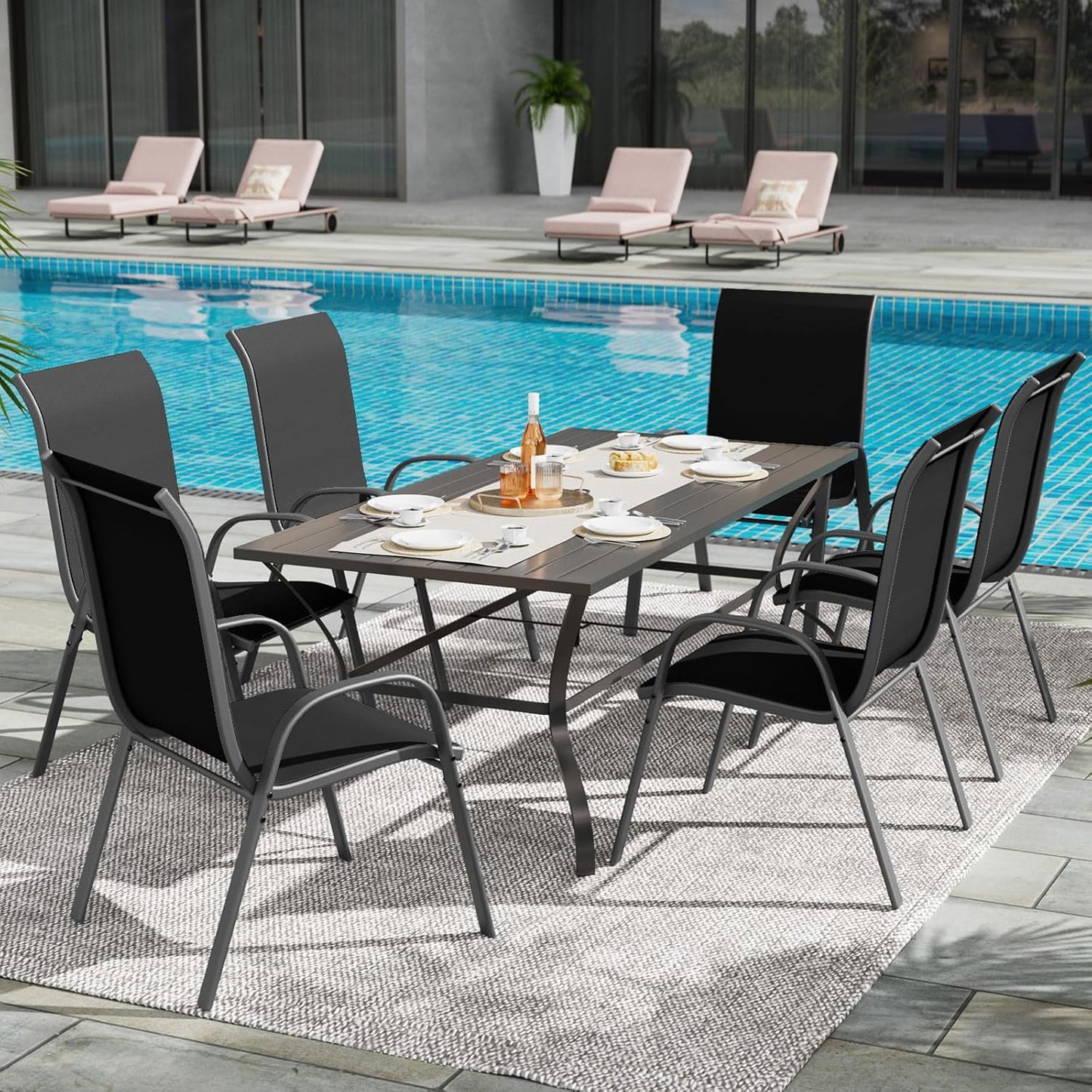 UDPATIO Patio Dining Set of 7, Outdoor Table and Chairs Set with Square Metal Table, 6 Stackable Patio Chairs with High Back, Outdoor Furniture for Deck Garden Backyard Lawn Poolside (Black)