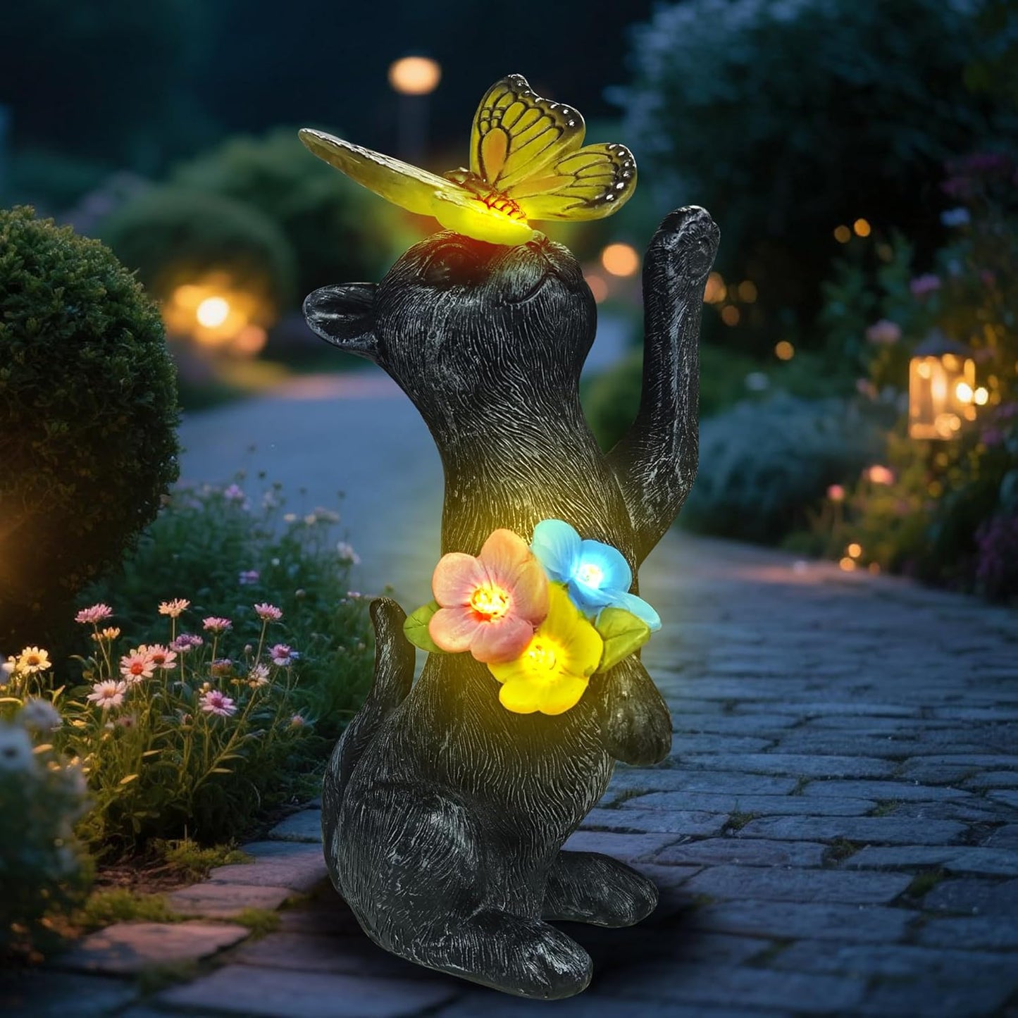 Solar Cat Garden Decoration Outdoor Statues - Cat with Butterfly Flowers Decorative Figurine for Yard Patio Lawn Porch Pathway Landscape Ornament Funny Birthday Gift for Mom Women