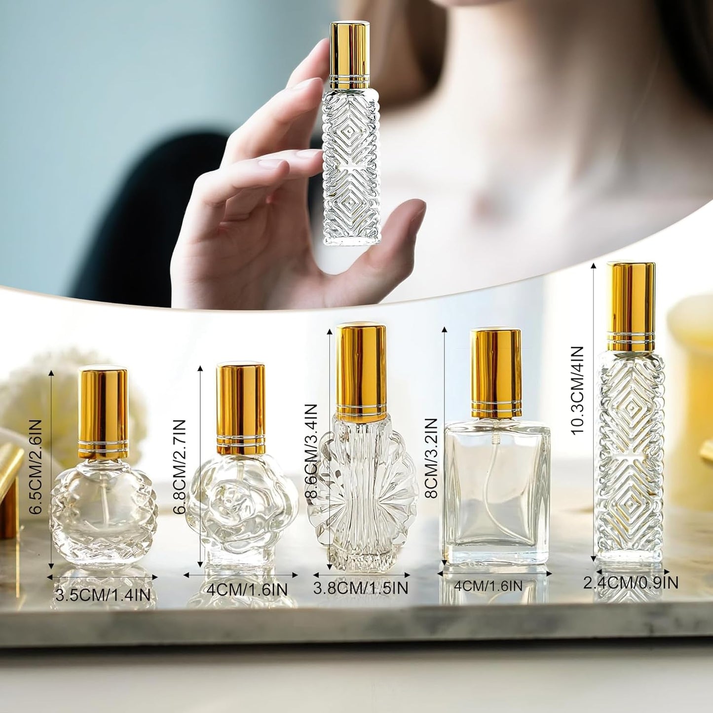 H&D HYALINE & DORA Vintage Glass Perfume Bottles Empty Refillable Sprayer Bottle Fine Mist Spray Bottles Set of 5