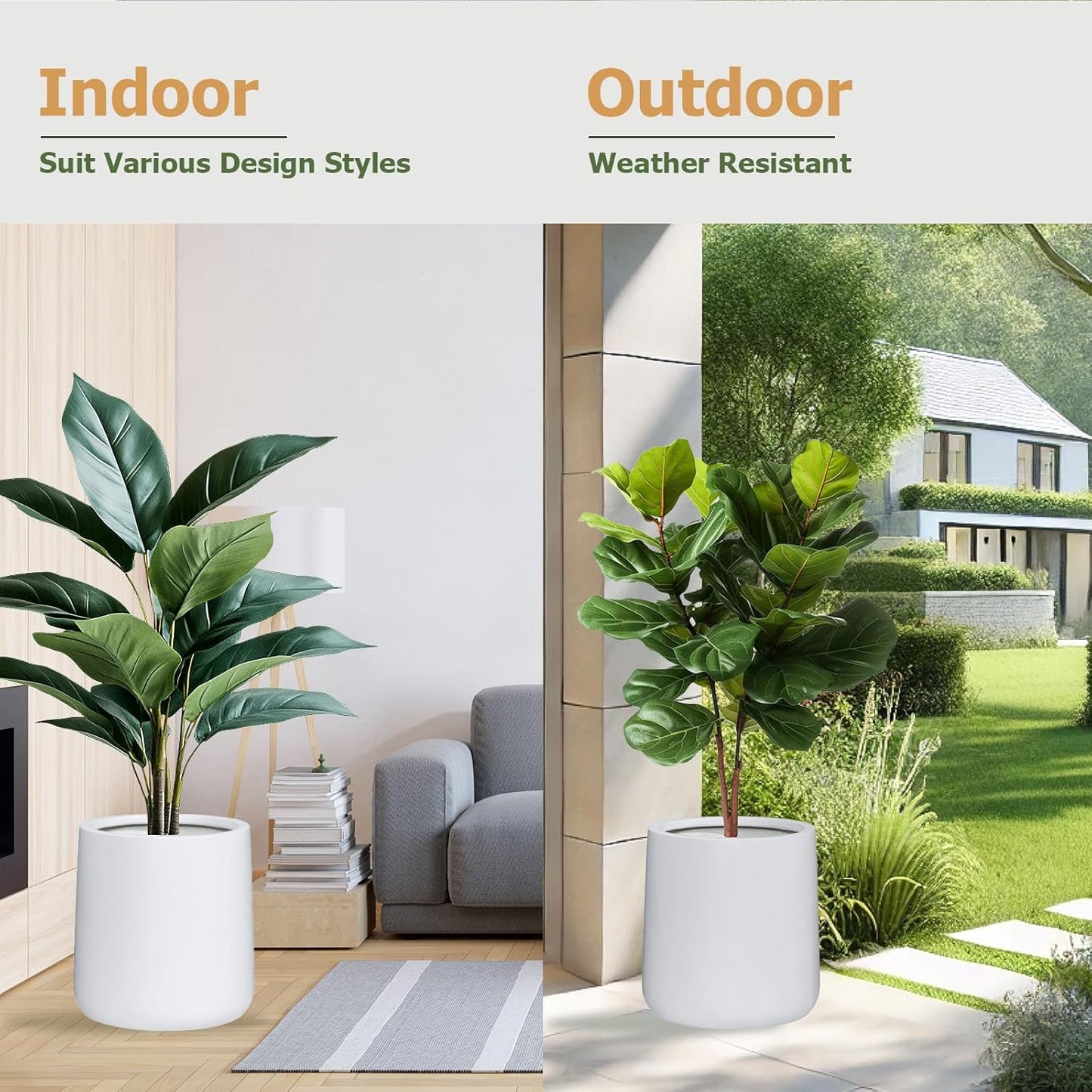 14" H x 13.7" D Conico Fiberstone Round Planter with Drainage Hole, Smooth Finishes, Weather Resistant for Indoor and Outdoor Use, Included 2 Extra Coco Mats (White, 10.6" Pot Opening)