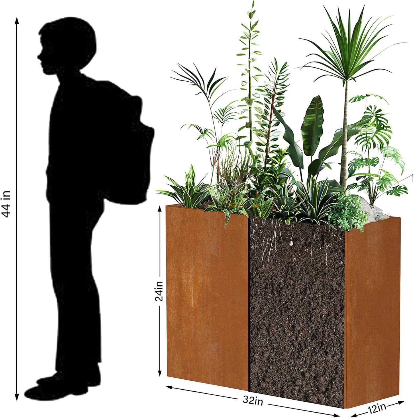 Cor Ten Steel Planters – 32x12x24H Inch Rectangular Planter Box | Weather-Resistant Design for Garden, Patio, or Porch (Rustic)