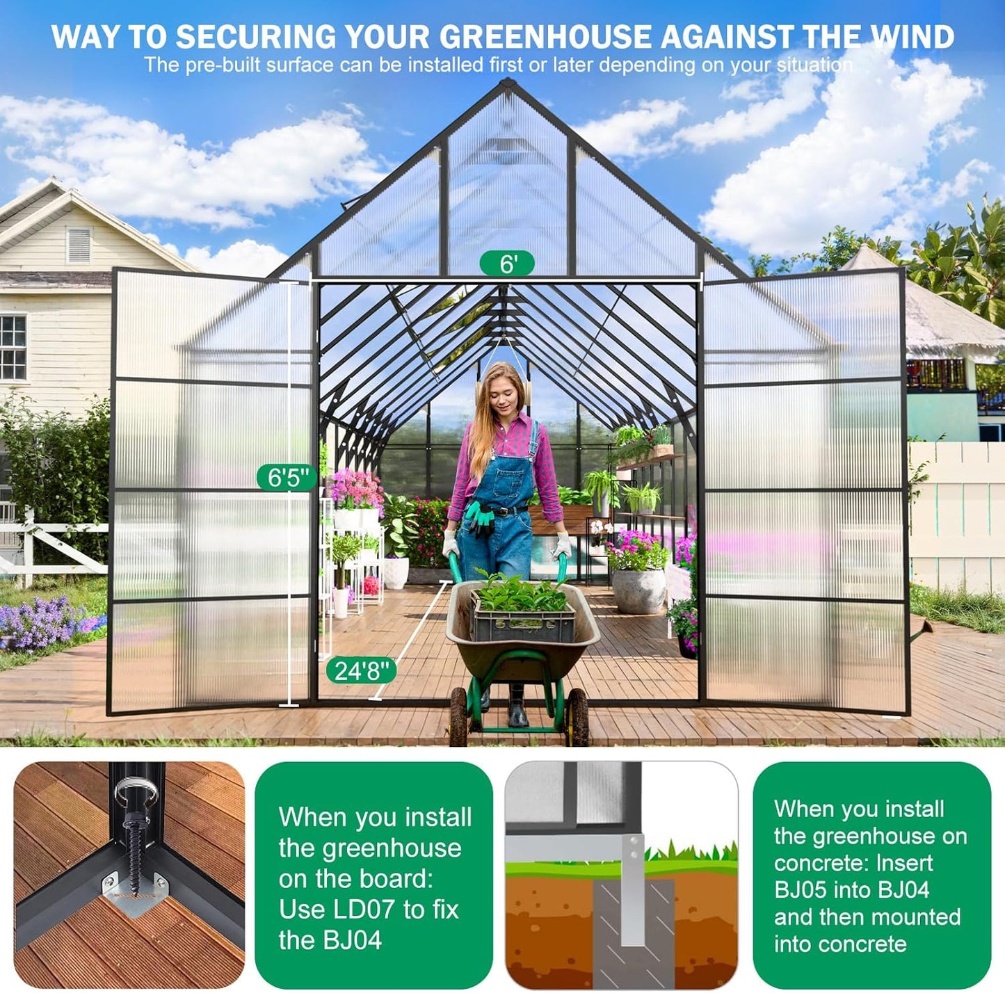 CDCASA 24x10x10 FT Greenhouse for Outdoors, Large Thicker Aluminum Heavy Duty Polycarbonate Greenhouses Kit w/5 Vent Windows, Swing Door, Walk-in Green House for Sunroom Patio,Backyard