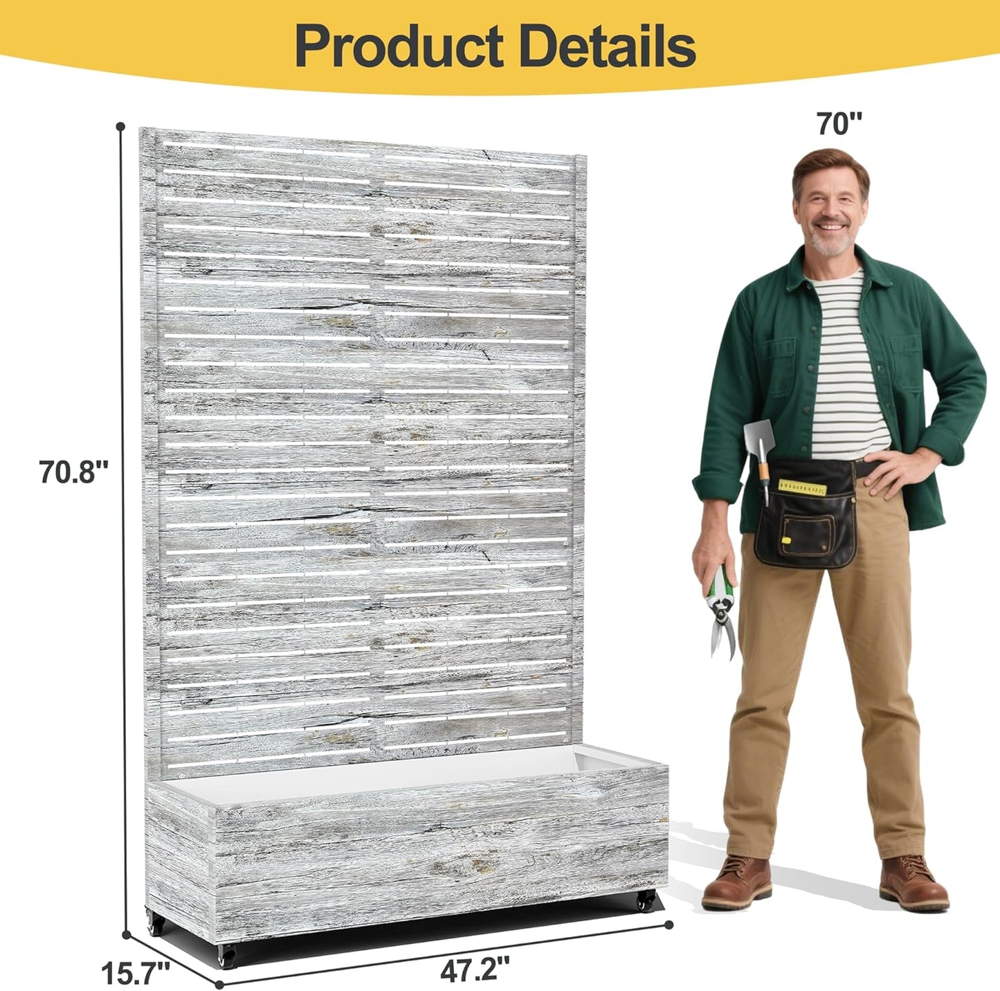 Raised Garden Bed with Trellis and Wheels,73"x47"x16" Metal Raised Garden Bed,White Wood Finish Metal Planter with Climbing Trellis for Vines & Vegetables