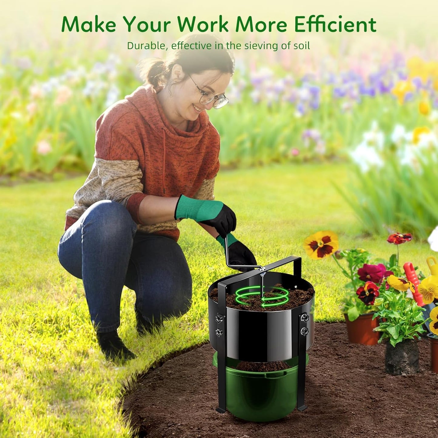 New Upgrade Rotary Soil Sifter Compost Sieve, 13 Inch Heavy-Duty Garden Soil Screen with 4 Replaceable Sifting Sieve (3/6/9/12mm) for Sand Rocks Dirt Compost, Includes Gardening Shovel & Gloves Kit ‌