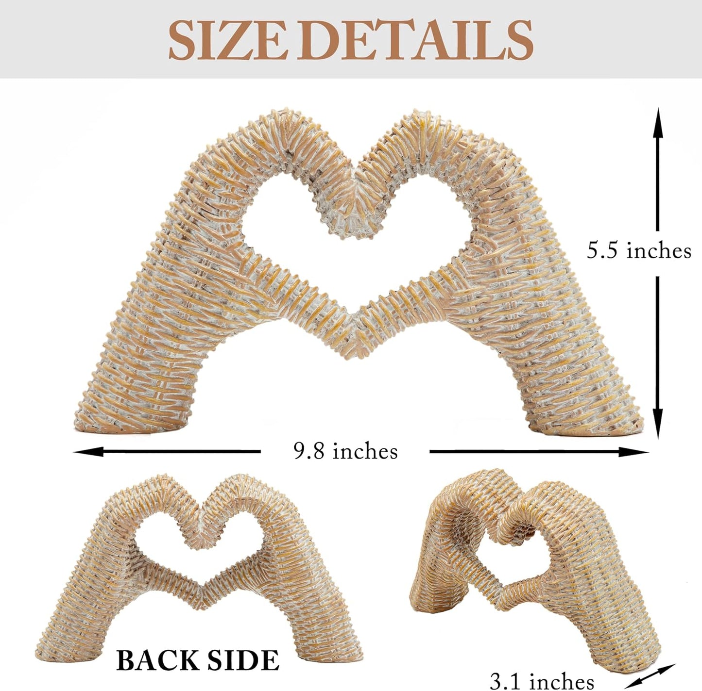 Heart Hands Sculpture, Gold Room Decor for Living Room Bedroom Bookshelf, Gifts for Mom Mother' s Day, Father's Day (No Bracelets) Rattan