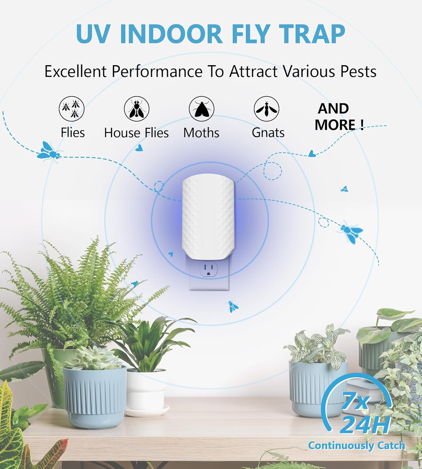 Flying Insect Trap for Indoors, Bug Killer Light Trap for Fruit Flies, Gnats, Moths, and Houseflies, 2 Devices + 8 Refills, Best Fly Traps for Home, Kitchen, Bedroom, Plant Area, Garages