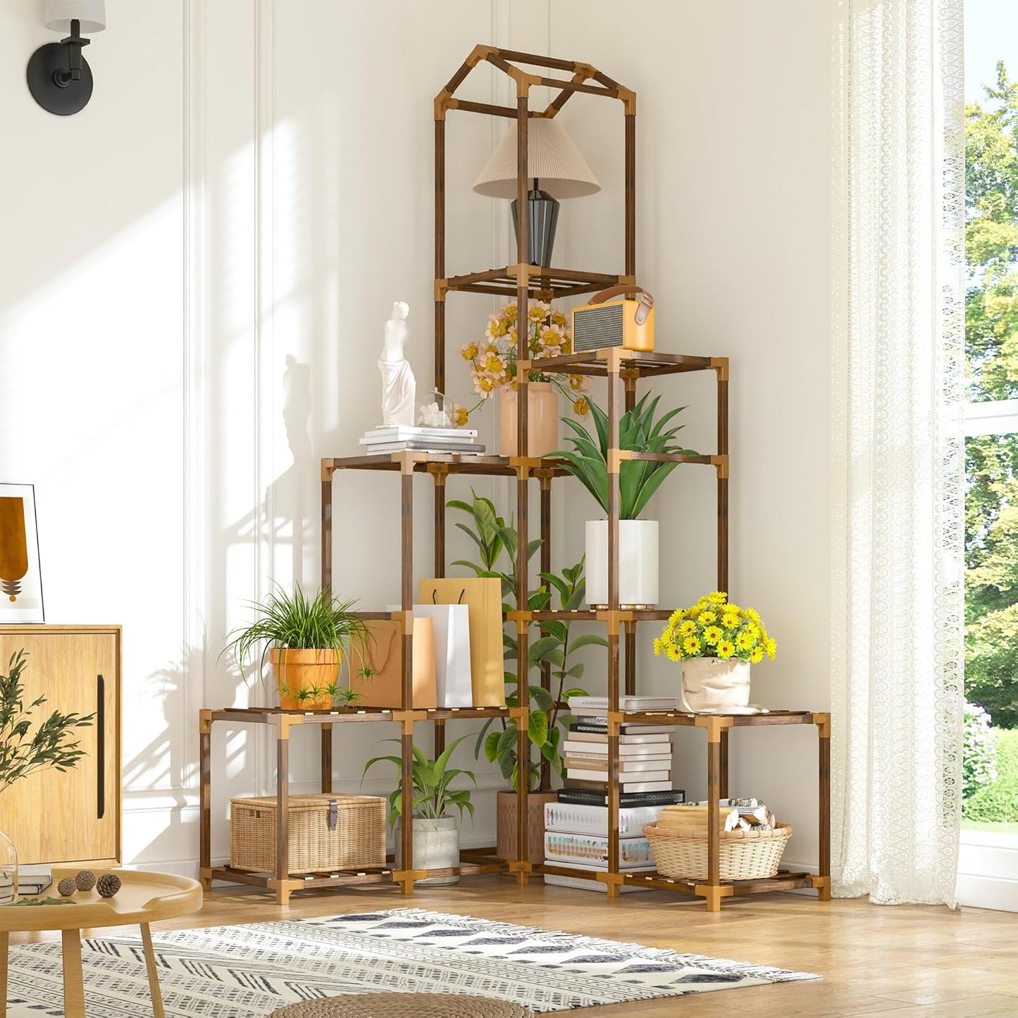 EnHomee 64.2" H Plant Stand Indoor Outdoor Tall Plant Shelf for 13-19 Pots Corner Tiered Plant Stands for Multiple Plants Wood Hanging Plants Holder for Garden Balcony Patio Window Porch