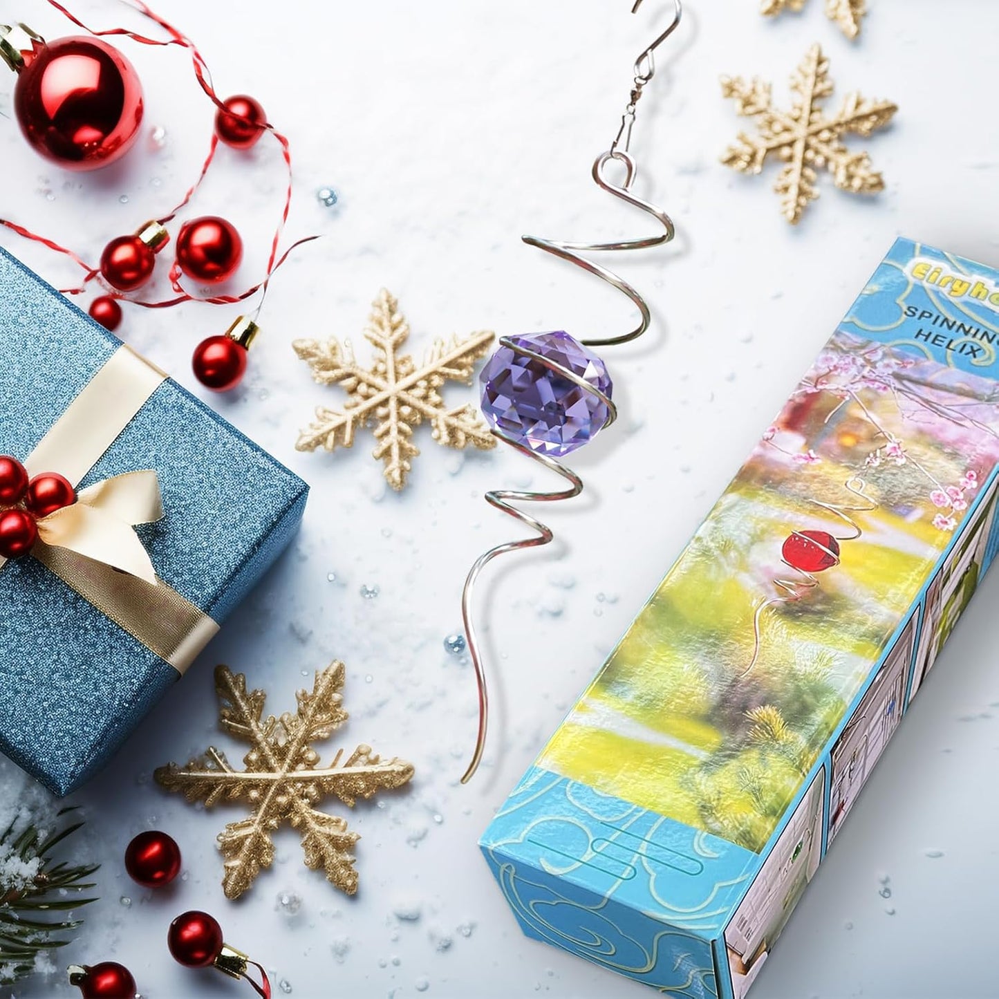 Wind Spinner Spiral Tail, Gazing Ball Spiral, Decorative Sun Catcher Rainbow Maker 11inch Tail and 2 inch Purple Crystal Orb with Swivel Hook, Indoor & Outdoor Garden Decoration 13" Height