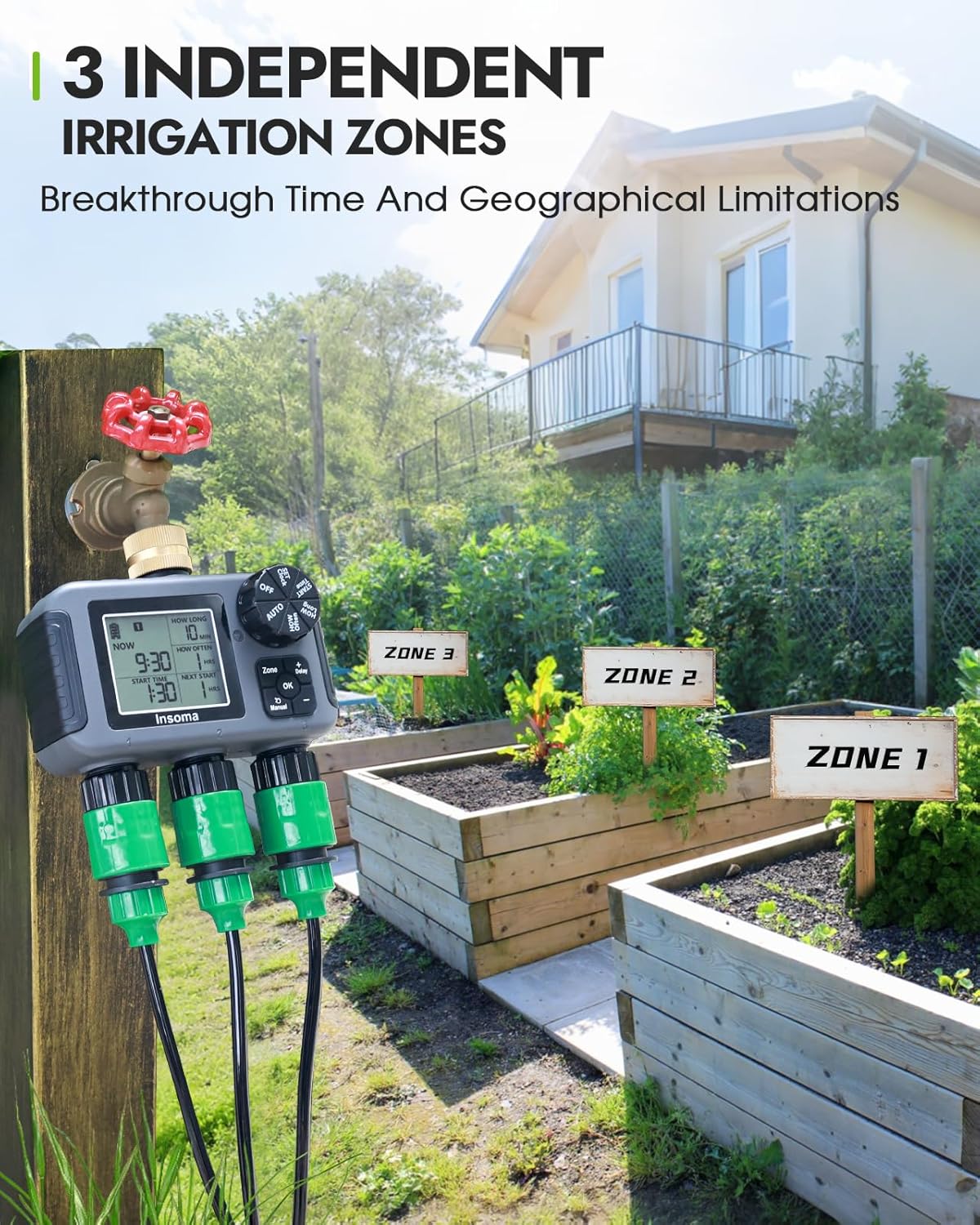 Insoma 3-Zone Sprinkler Timer with Brass Inlet + IPX5 Waterproof | Programmable Auto/Manual Irrigation Mode with Rain Delay & Large LCD | Water Hose Timer 3 Outlets for Garden, Lawn, Yard, Pool