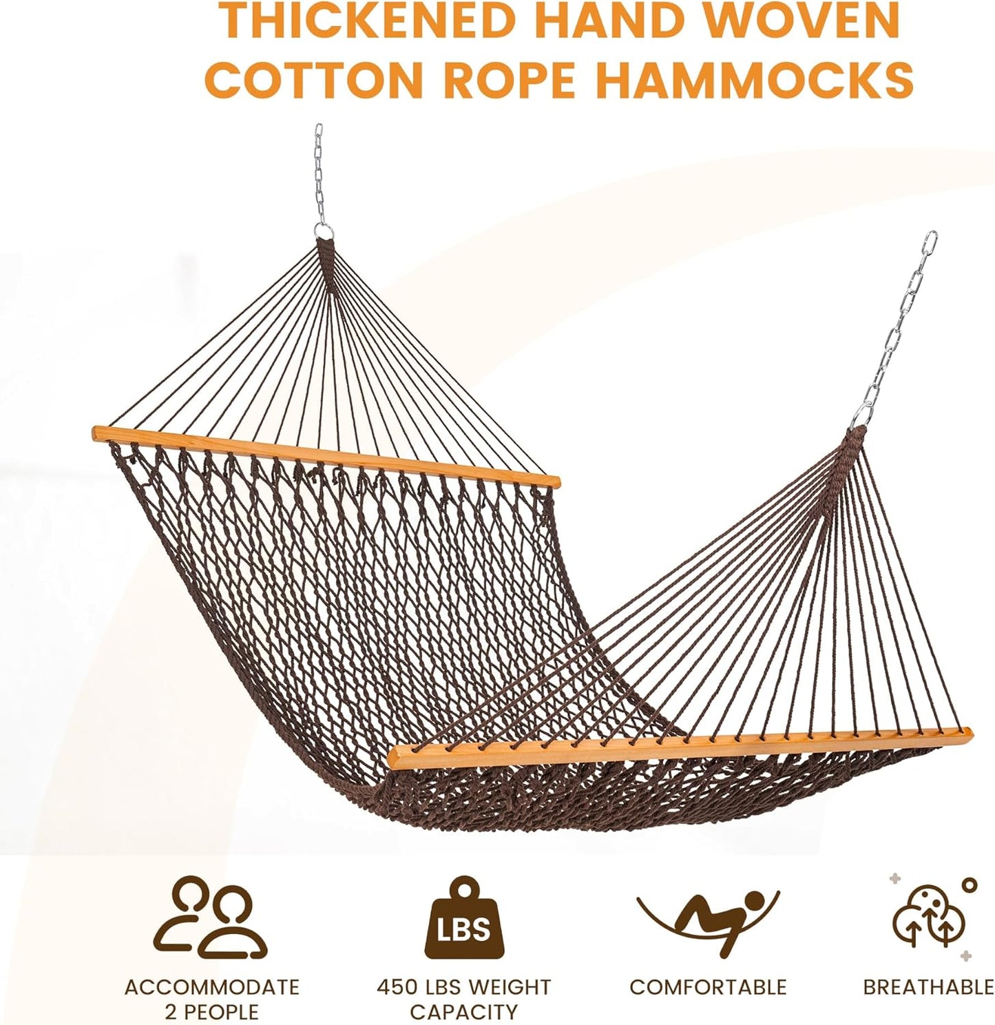 Lazy Daze Hammocks Double Rope Hammock, 2 Person Traditional Outdoor Hand Woven Cotton Rope Hammock with Spreader Bar, Chains, Tree Straps for Patio Yard - Max 450 Lbs, Dark Brown