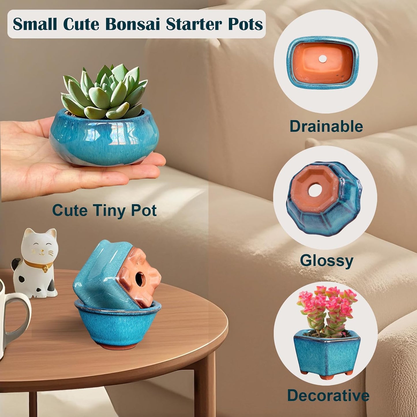 MUZHI 6PACK Glazed Bonsai Pot Planter 3" 4” Small Succulent Pots, Yixing Zisha Decorative Mame Bonsai Training Pot or Small Flower Cactus Starter Growing Planters Containers Blue