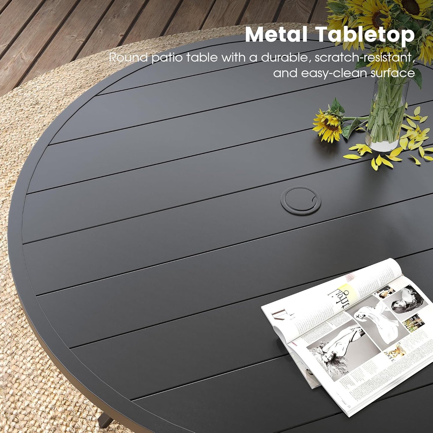 DIFY 50" Round Outdoor Patio Dining Table for 6, Metal Patio Table with 1.57" Adjustable Umbrella Hole, All-Weather Dining Furniture Table for Backyard Lawn Garden, Black