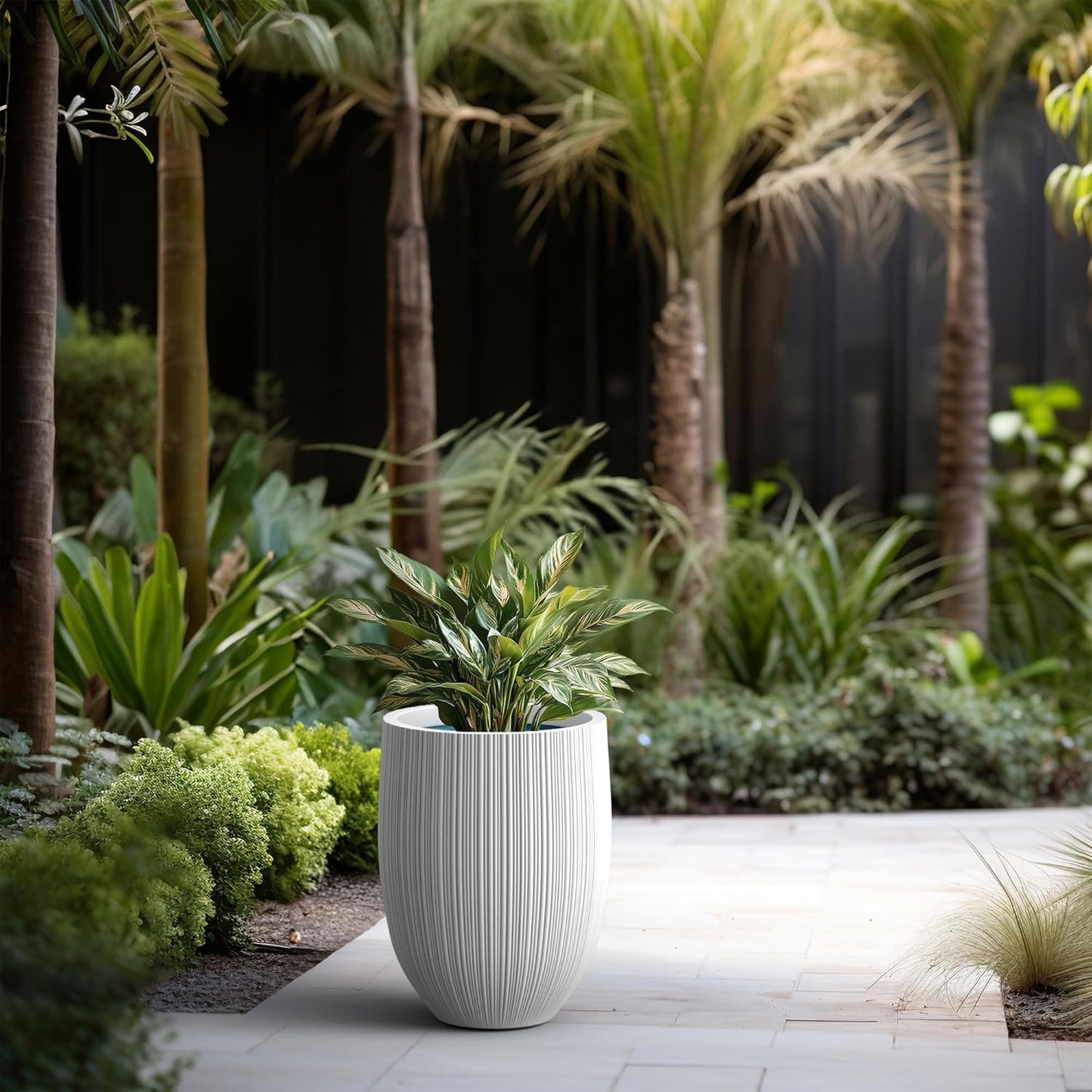 Kante Round Fluted Concrete Planter, 16.9-Inch Dia Barrel-Style Pot with Drainage Hole, White Finish with Aqua Blue Interior, 13.7" Opening, for Indoor and Outdoor Use