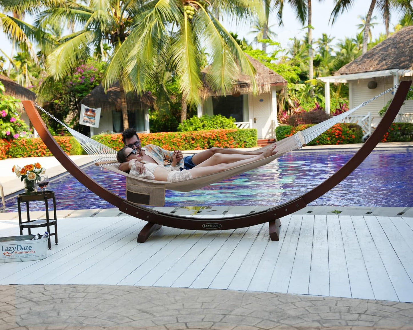 Lazy Daze Hammocks 11 FT Double Outside Hammock Quick Dry Olefin Fabric Hammock with Spreader Bar & Side Pocket for Outdoor Poolside Backyard 450 lbs Capacity, Khaki