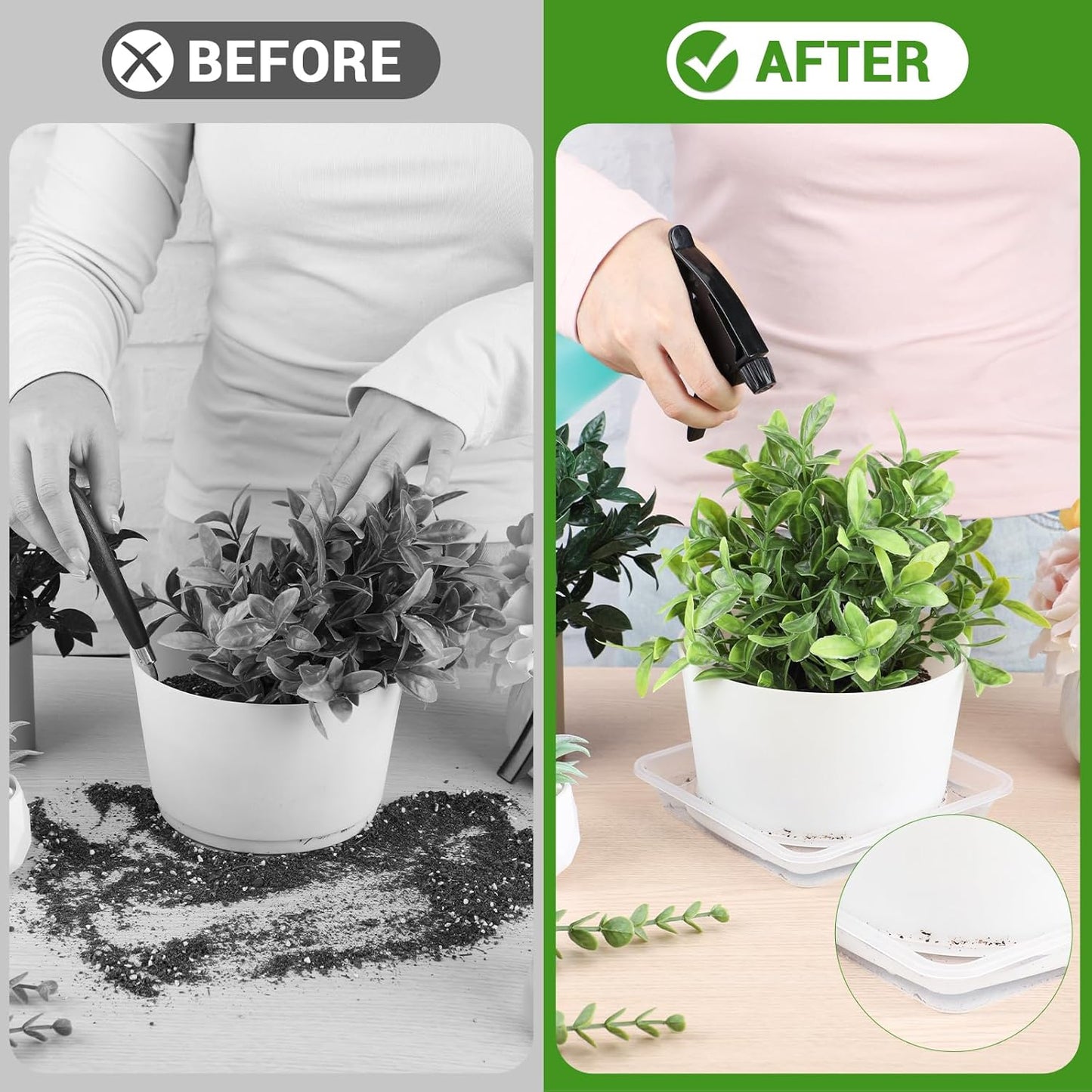 GREANER Square Plant Saucer, 8 Inch Plant Trays for Indoors No Holes, Clear Water Trays for Pots, Durable Flower Pot Saucers for Indoors and Outdoors(6 Packs)