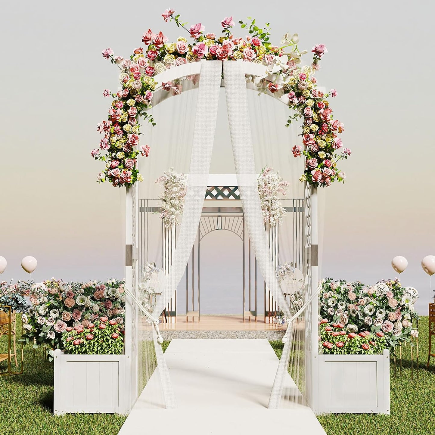 Giantex Garden Arbor with Planter Boxes, Wooden Arch with Trellis and Raised Garden Bed for Climbing Vine Plants Vegetables Herbs, Decorative Arbor Archway for Wedding, Ceremony, Party (White)