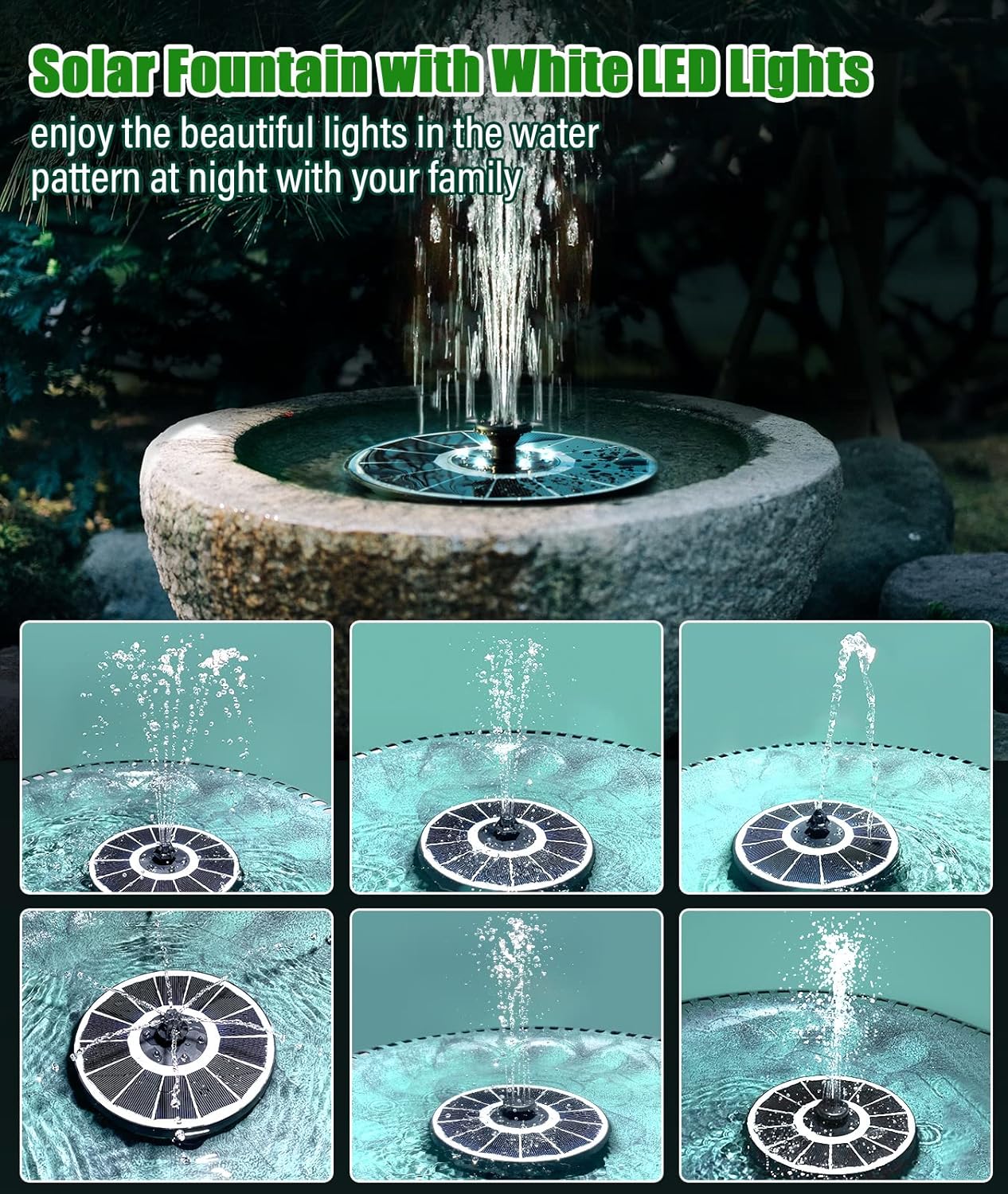SZMP Solar Fountain Upgraded 100% Glass Panel, 3.5W Floating Solar Powered Water Pump Built-in 2000 Battery with 7 Nozzle & 4 Fixer, Solar Bird Bath Fountains for Garden, Pond, Outdoor (White)