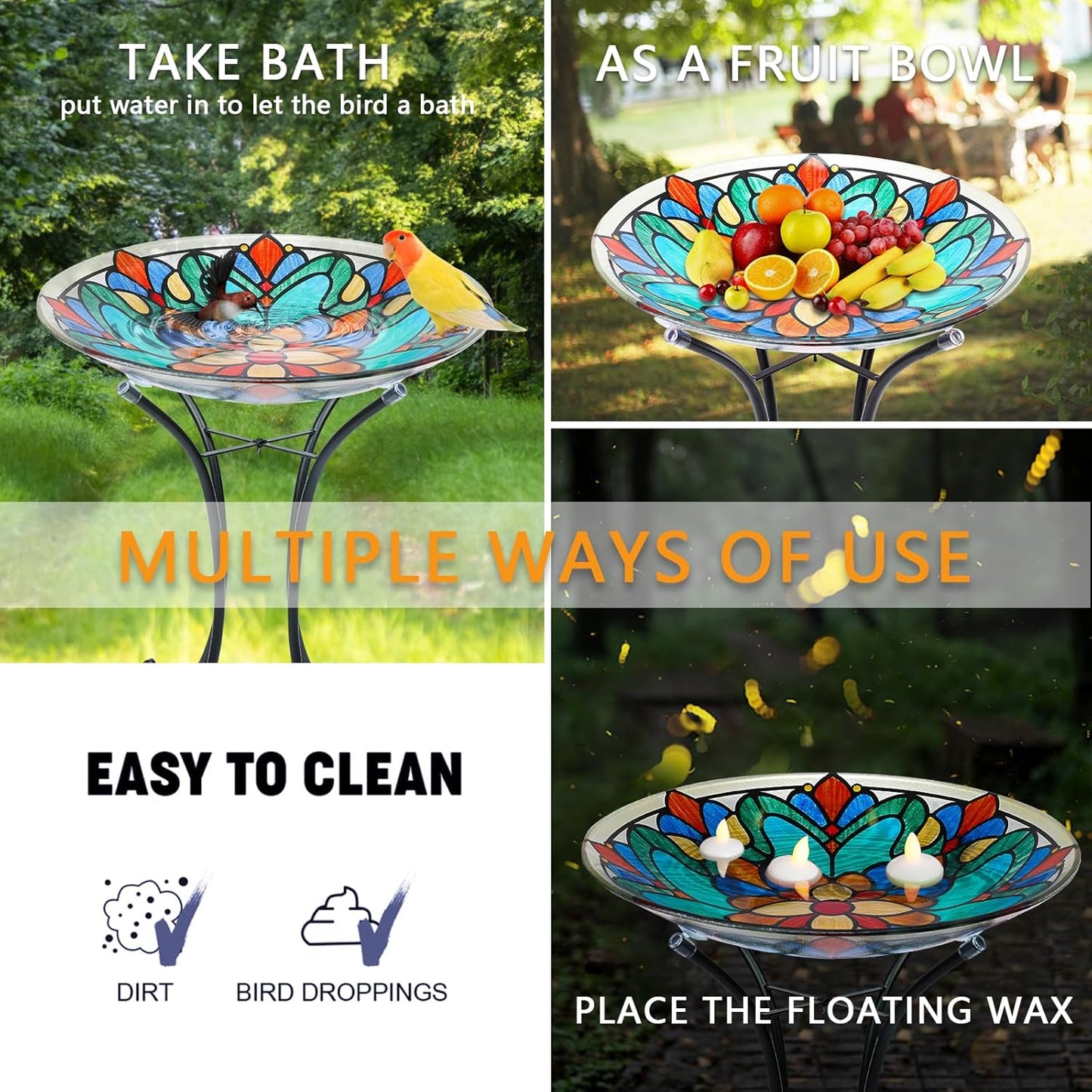 MUMTOP Bird Bath-Bird Baths for Outdoors - Glass Large Bird Bath Bowl with Metal Stand, Symmetrical Patterns Bird Feeders for Outside and Garden, Patio,Lawn Decor