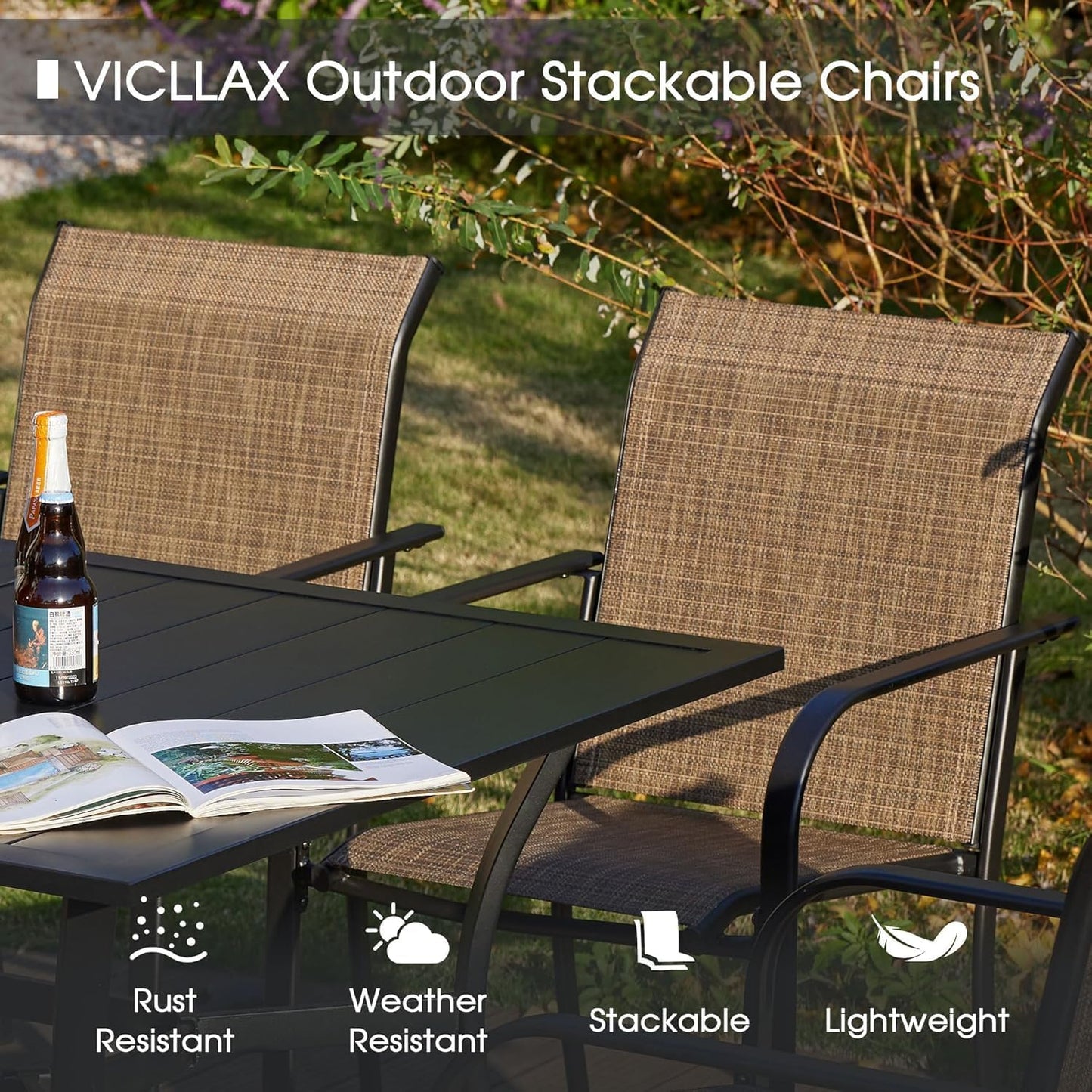 VICLLAX Patio Dining Set for 8, 9 Pieces Outdoor Furniture Set Includes 56.3" Round Patio Table and 8 Patio Stackable Chairs, Outdoor Table and Chairs for Outsides, Black Tabletop and Brown Fabric