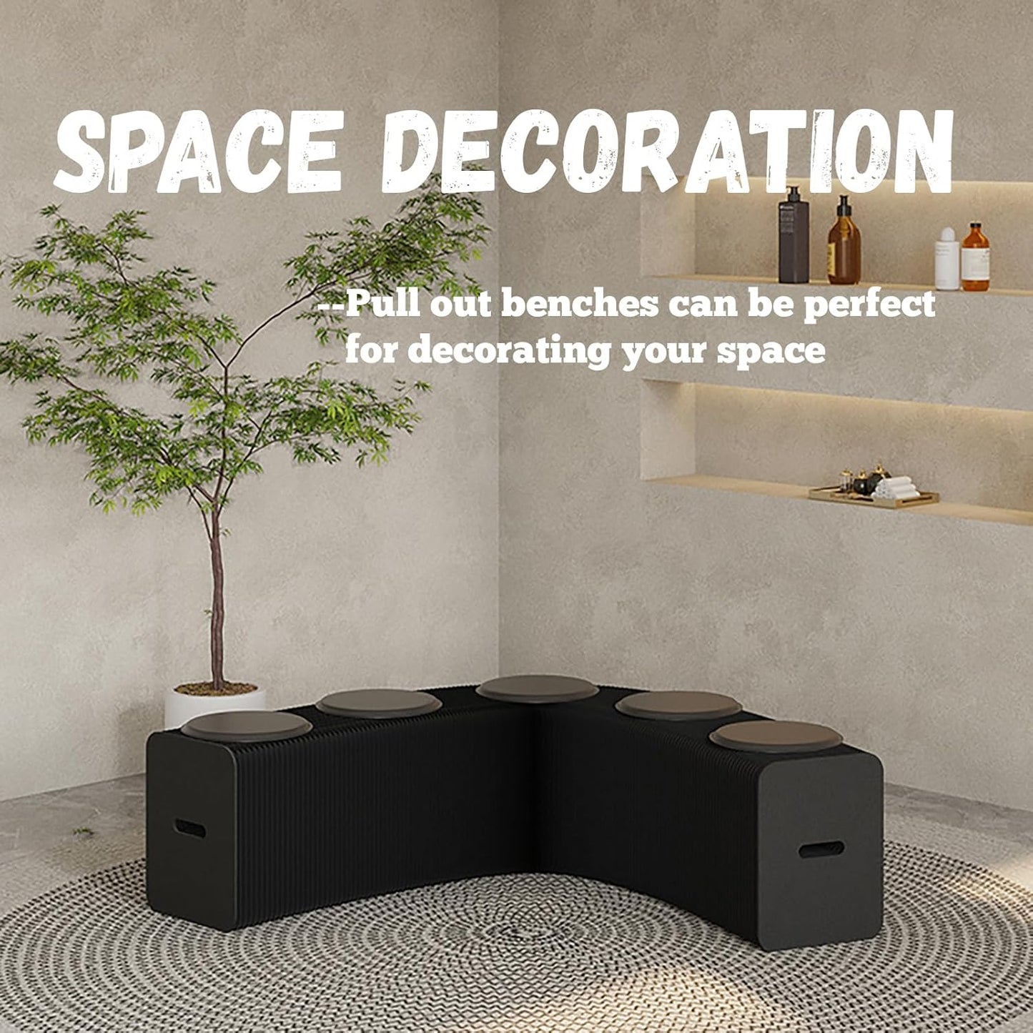 Foldable Kraft Paper Stool, Honeycomb Accordion Folding Bench, Collapsible Paper Stool for Small Spaces, Portable Footrest and Side Table for Living Room and Office,Black-44×31×300cm