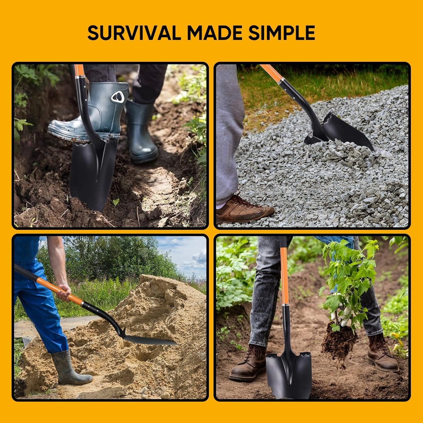 Heavy Duty Garden Shovel, 58-Inch Long Handle, Steel Head with Orange Fiberglass Handle