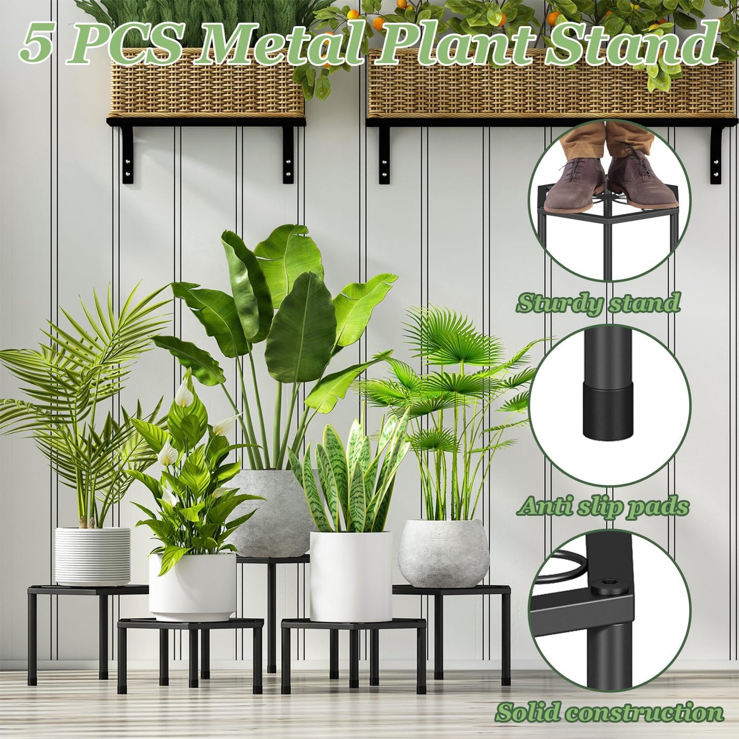 5-Pack Metal Plant Stands for Outdoor Indoor, Anti-Rust Iron Flower Pot Stand, Heavy Duty Plant Pot Shelf for Multiple Plant, Decoration Racks for Home, Patio & Garden