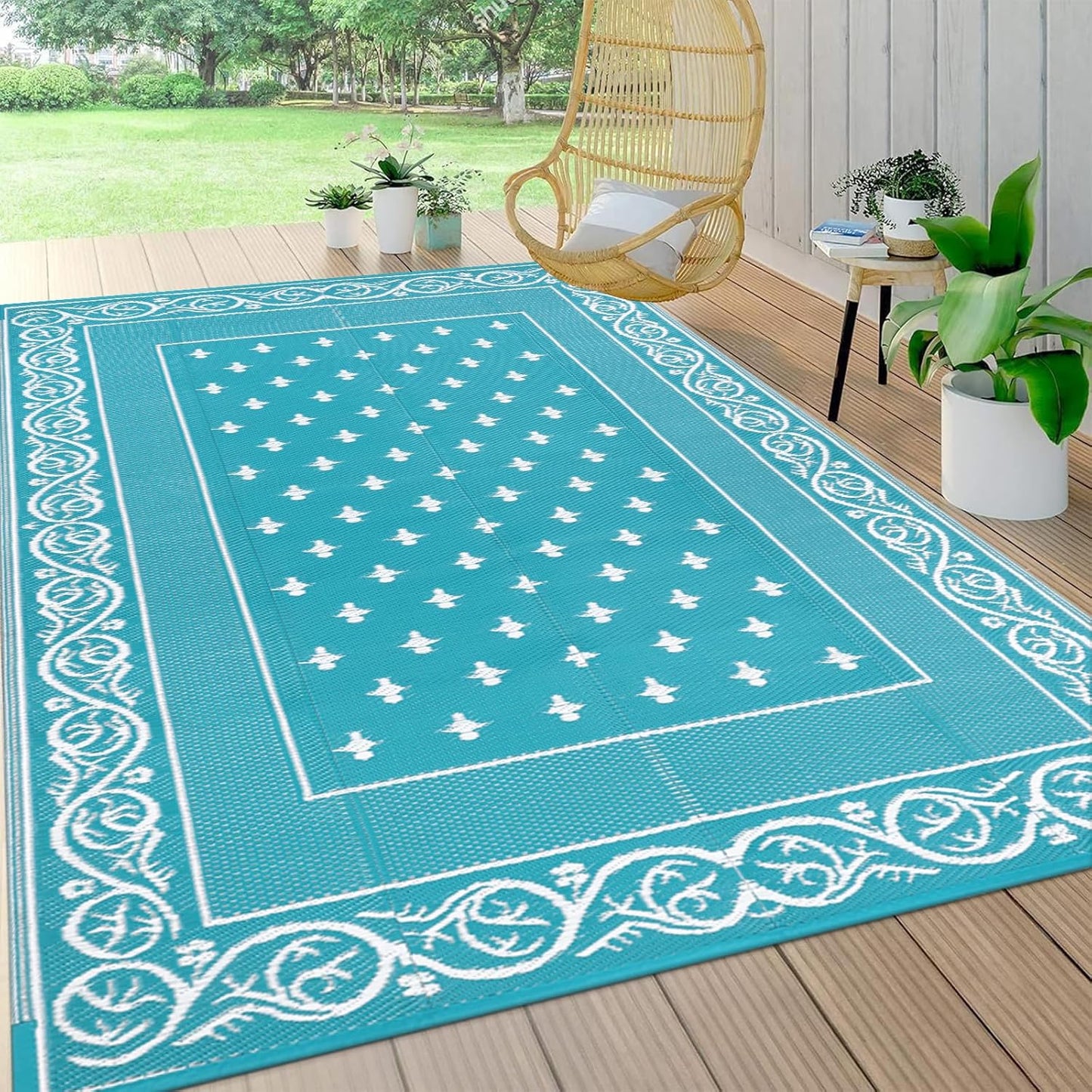 Pauwer Waterproof Outdoor Rug 9x12, Reversible Plastic Straw Patio Camping Rug, Indoor Outdoor RV Mat Carpet for Deck, Camper, Porch, Balcony, Backyard, Picnic, Bordered Teal