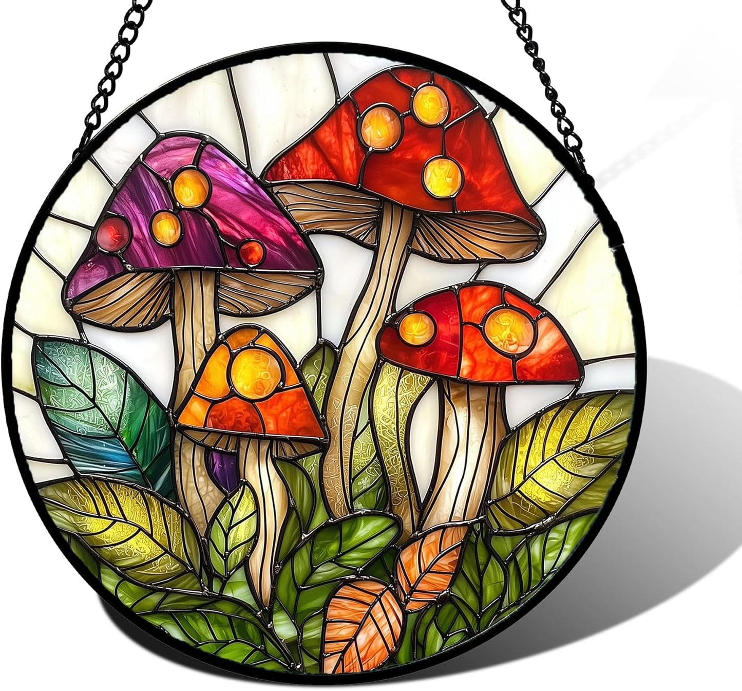 Stained Glass Window Hanging, Mushroom Leaves Suncatcher for Doors Home Sun Catchers Decoration and Christmas, Mother's Day Birthday Gifts for Women, Men, and Mom 7.8 in