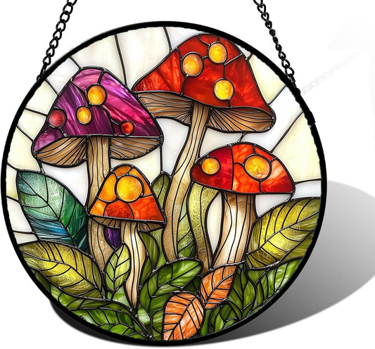 Stained Glass Window Hanging, Mushroom Leaves Suncatcher for Doors Home Sun Catchers Decoration and Christmas, Mother's Day Birthday Gifts for Women, Men, and Mom 11.8x11.8 in
