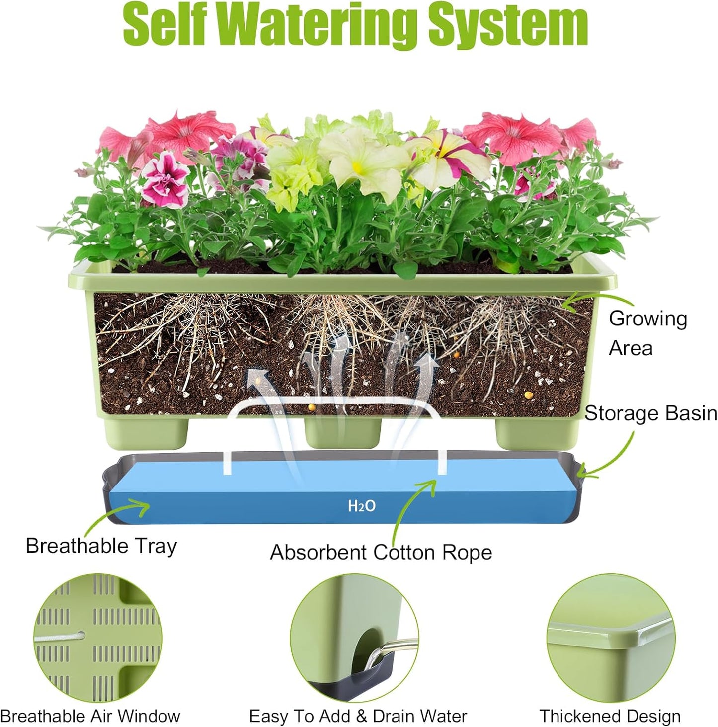 Window Box Planter 8 Pcs, 17 Inches Rectangle Flower Pots with Drainage Holes and Trays, Vegetable Planters for Windowsill Patio Garden Balcony Home Porch Yard Indoor Outdoor (Light Green)