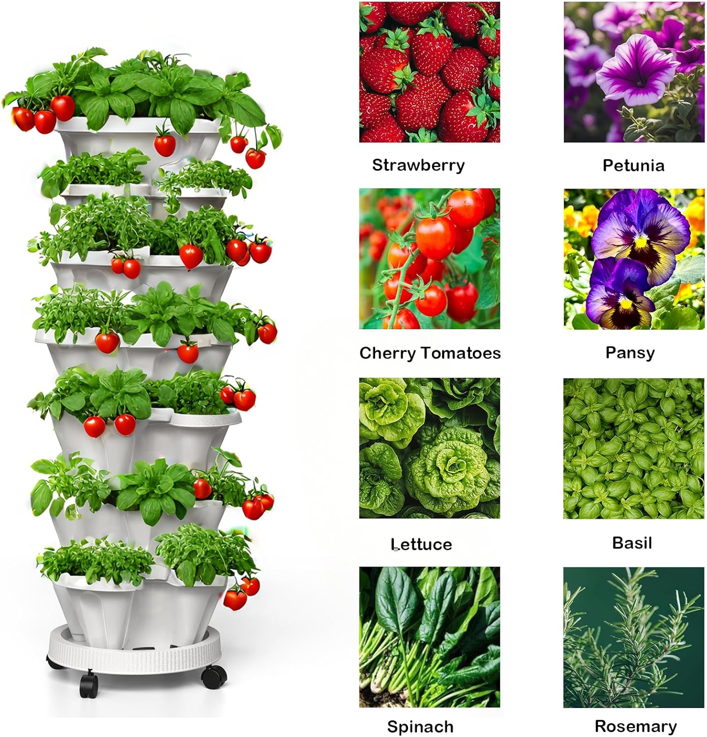 7 Tiered Strawberry Planters 2 Pack, Vertical Stackable Planter, Herb Stacking Tower Garden, Flower and Vegetable Planters with Support Pole Indoor and Outdoor with Removable Wheels - White