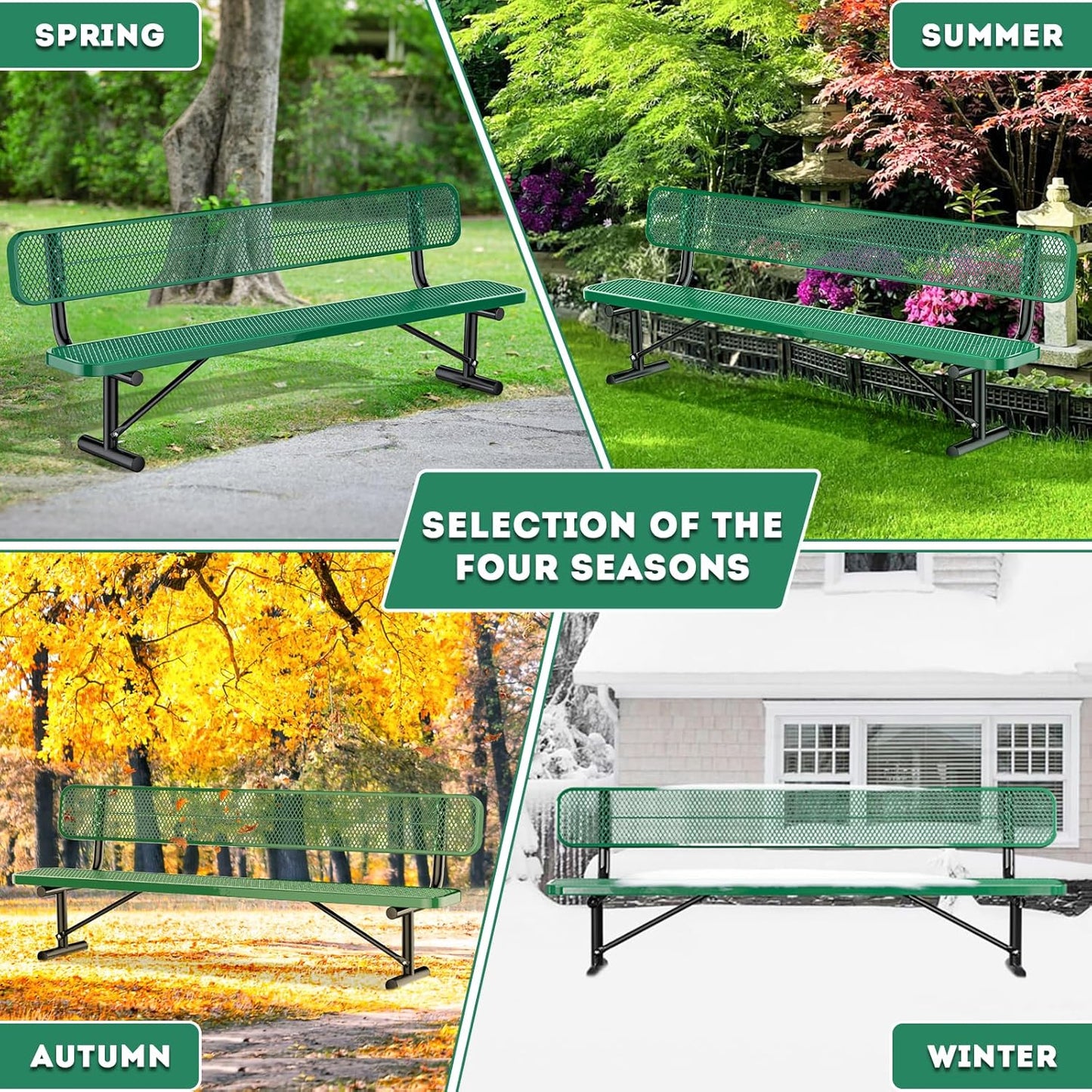 Thermoplastic Coated Iron Park Bench for Outside, Heavy Duty Metal Garden Bench, Expanded Commercial Grade Seating for Shopping Malls, Lawn Yard Porch Entryway (Green with Backrest, 96IN)