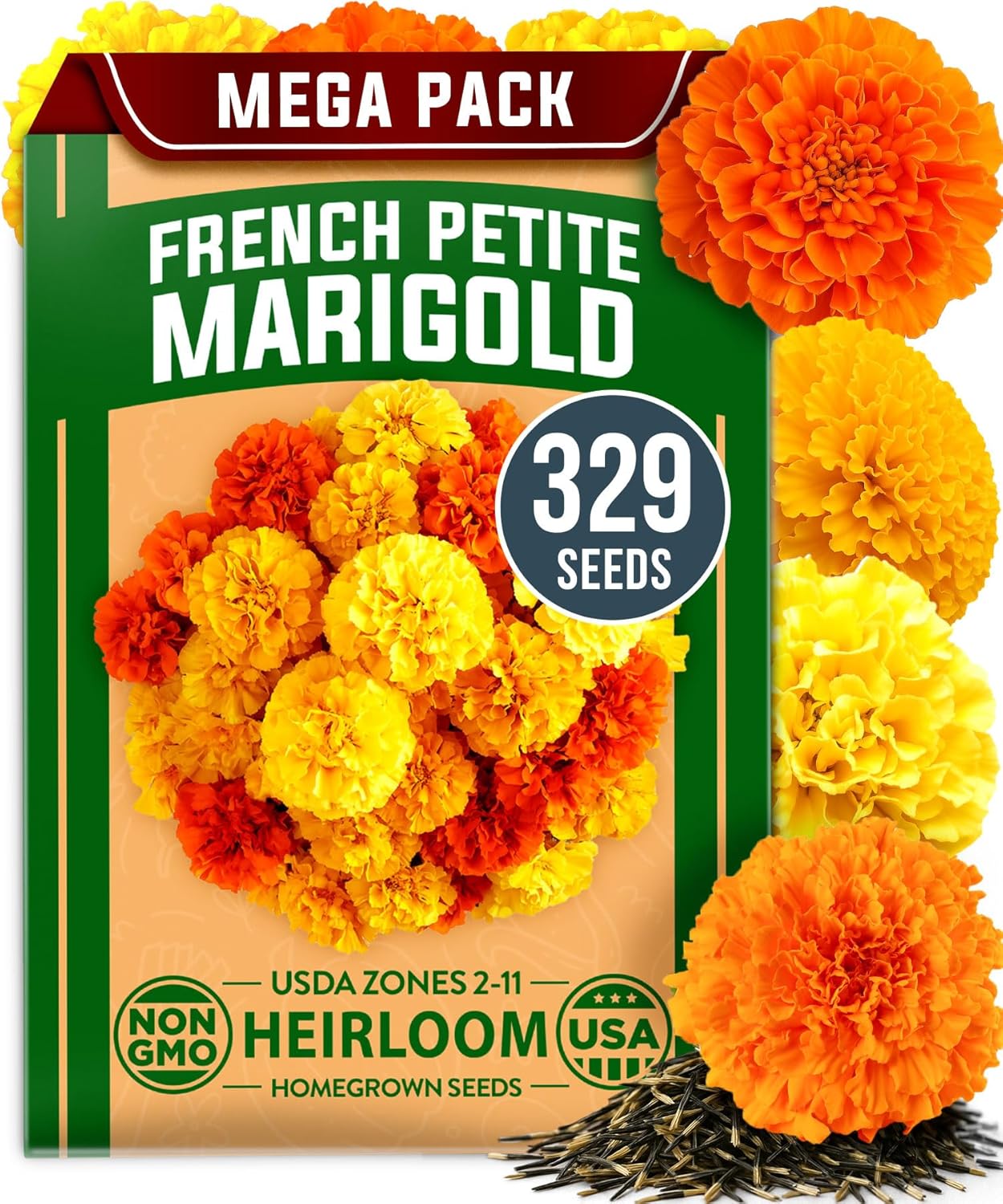 HOME GROWN 𝗨𝗦𝗔 𝗣𝗥𝗘𝗠𝗜𝗨𝗠 Petite French Marigold Seeds 329+ Flower Seeds for Planting Outdoors Easy to Grow Companion Plant & Quick Blooming Pollinator Heirloom Wildflower Seed (Tagetes patula)